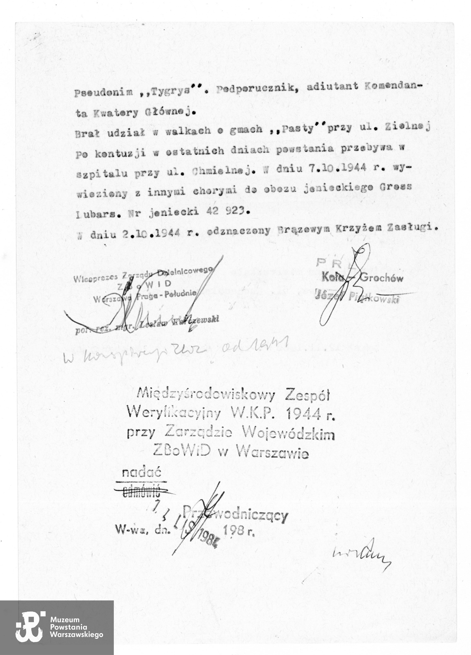 Muzeum Powstania Warszawskiego, Baza Ewidencyjna uczestników Powstania Warszawskiego, Teczki personalne uczestników Powstania Warszawskiego: Roszkowski Marian