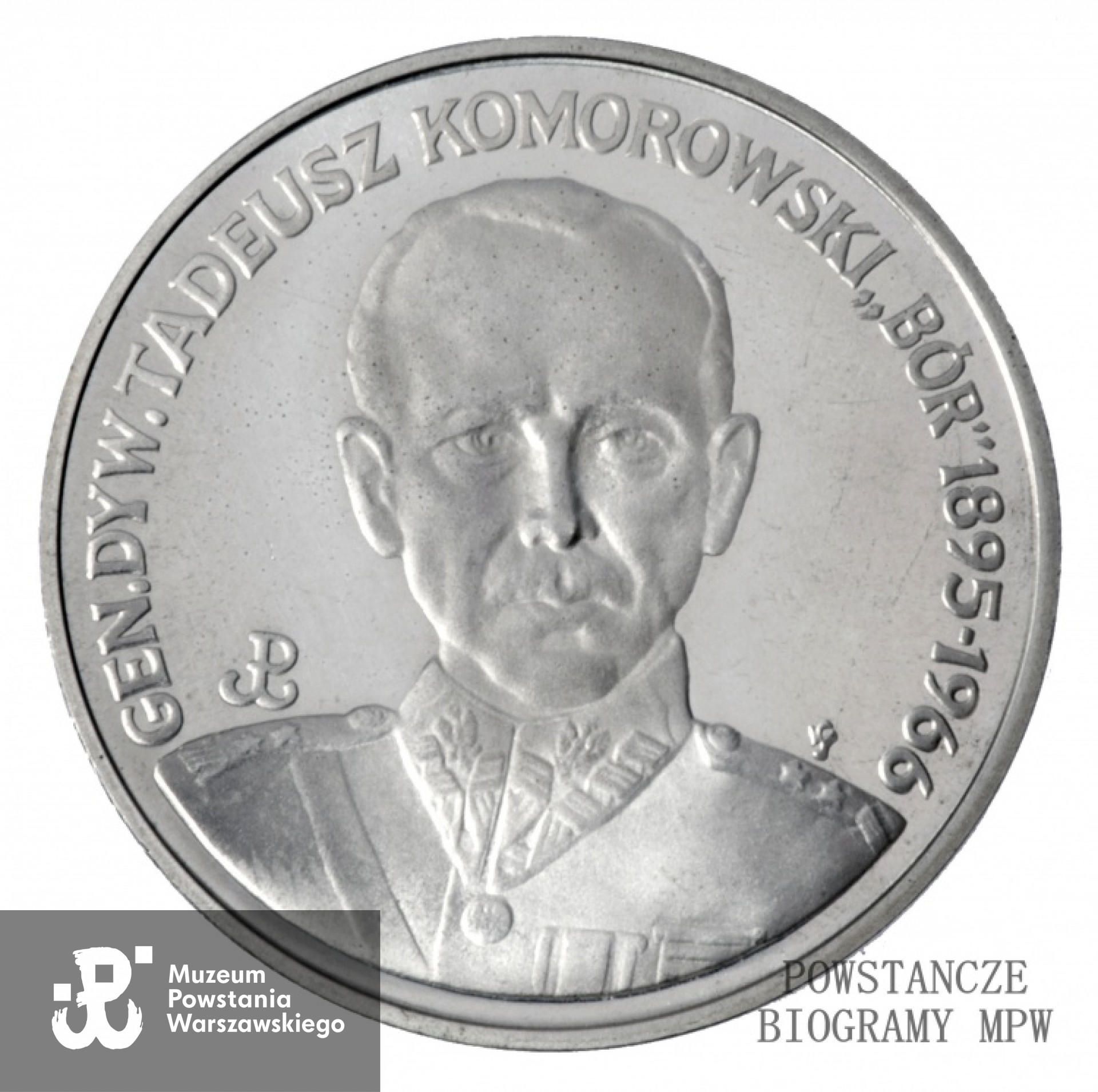 Moneta kolekcjonerska srebrna upamiętniająca gen. dyw. Tadeusza "Bora" Komorowskiego. Ze zbiorów Muzeum Powstania Warszawskiego, przekaz Narodowego Banku Polskiiego