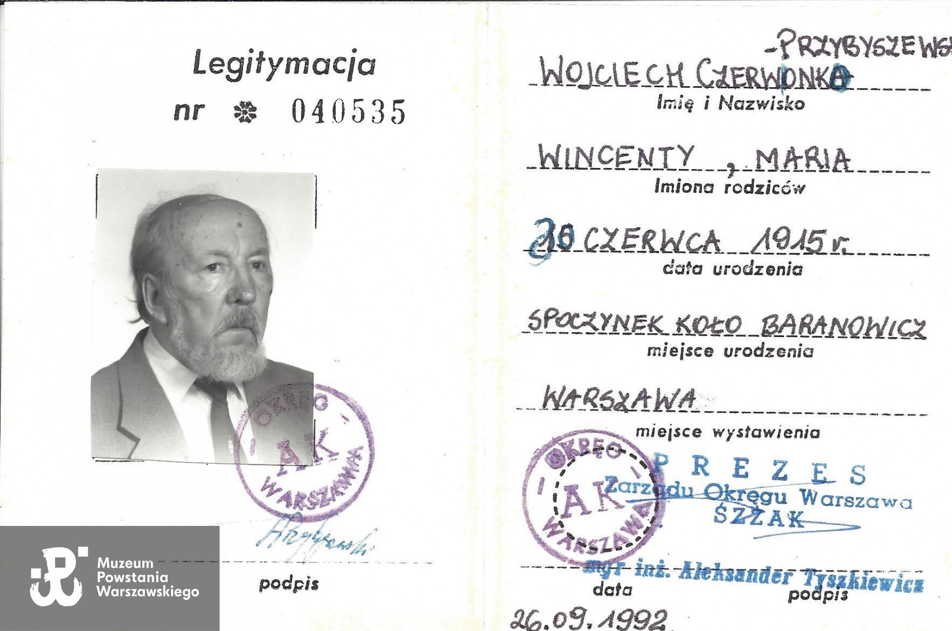 Legitymacja ŚZŻAK. Z  archiwum rodzinnego syna, p. Wojciecha Przybyszewskiego