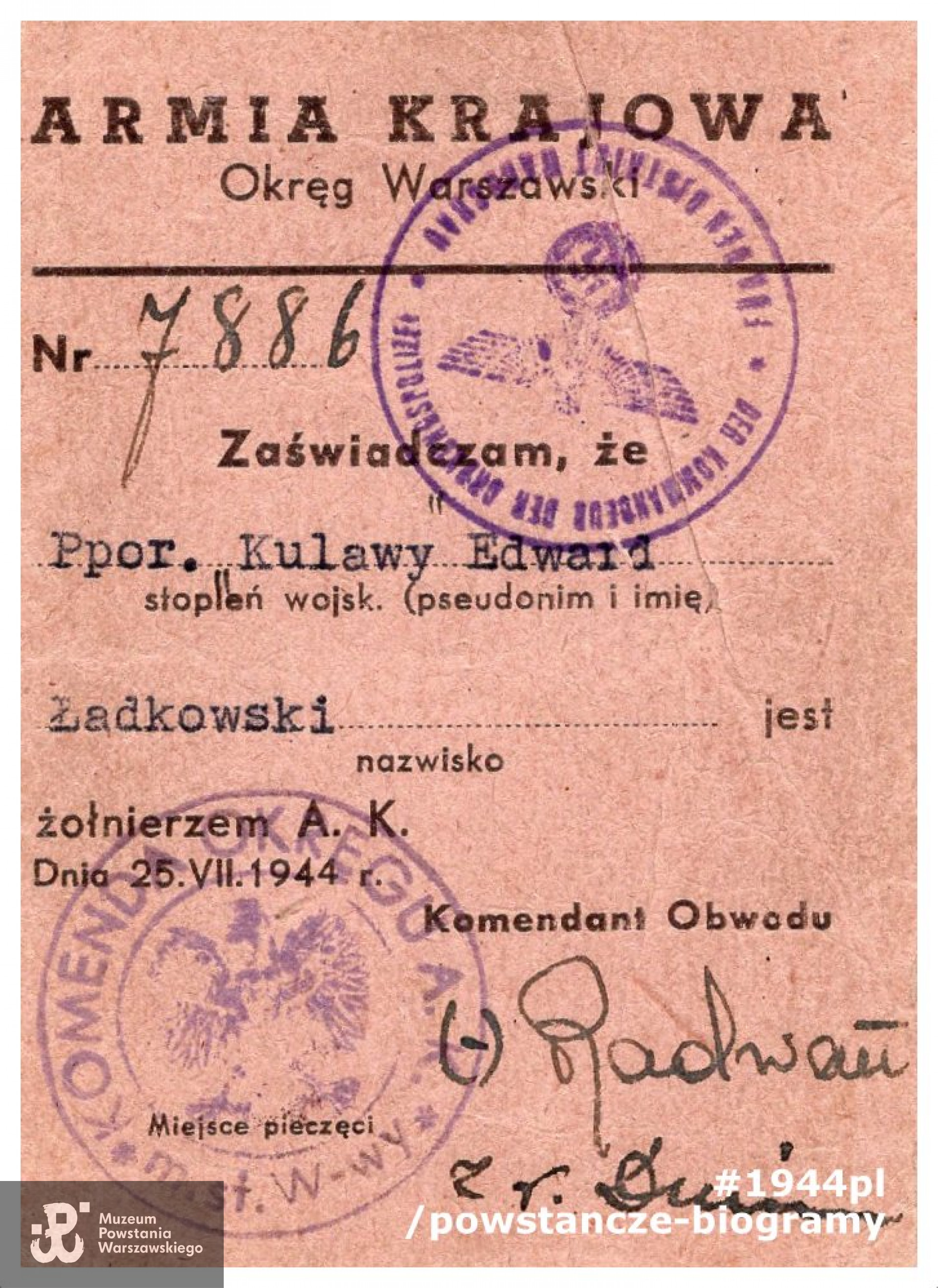 Należąca do por. Edwarda Ładkowskiego "Kulawego" legitymacja Armii Krajowej. Ze zbiorów Muzeum Powstania Warszawskiego