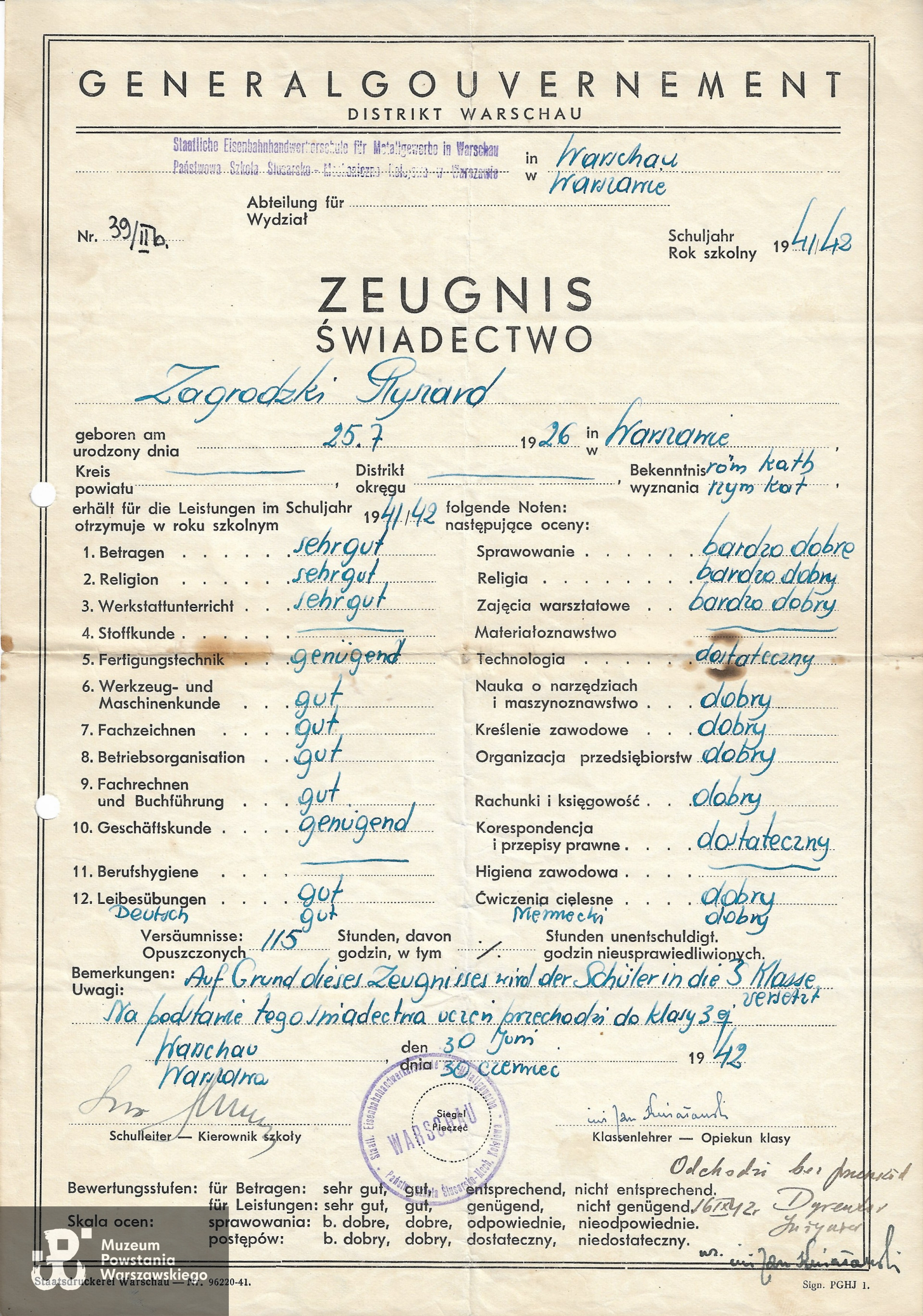 Świadectwo szkolne z okresu okupacji. Dokument z archiwum rodzinnego p. Ryszarda Zagrodzkiego „Miecz”, skan udostępniony przez Centrum Wolontariatu Muzeum Powstania Warszawskiego, marzec 2024