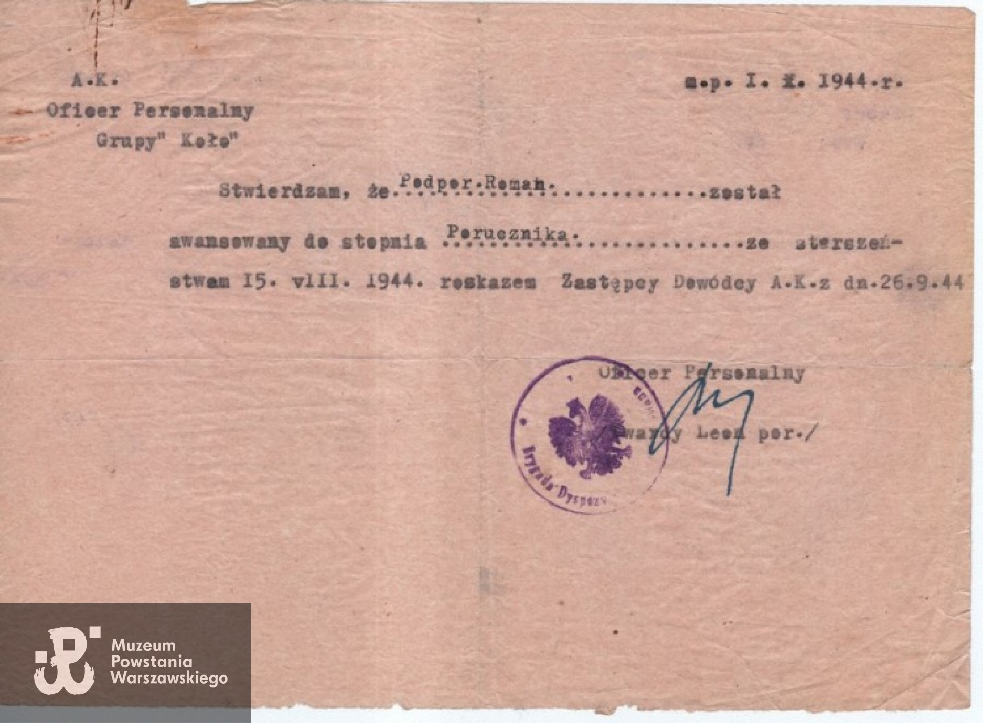Powstanie Warszawskie - awans do stopnia porucznika. Ze zbiorów rodzinnych, skan udostępnił p. Piotr Surma, wnuk Powstańca