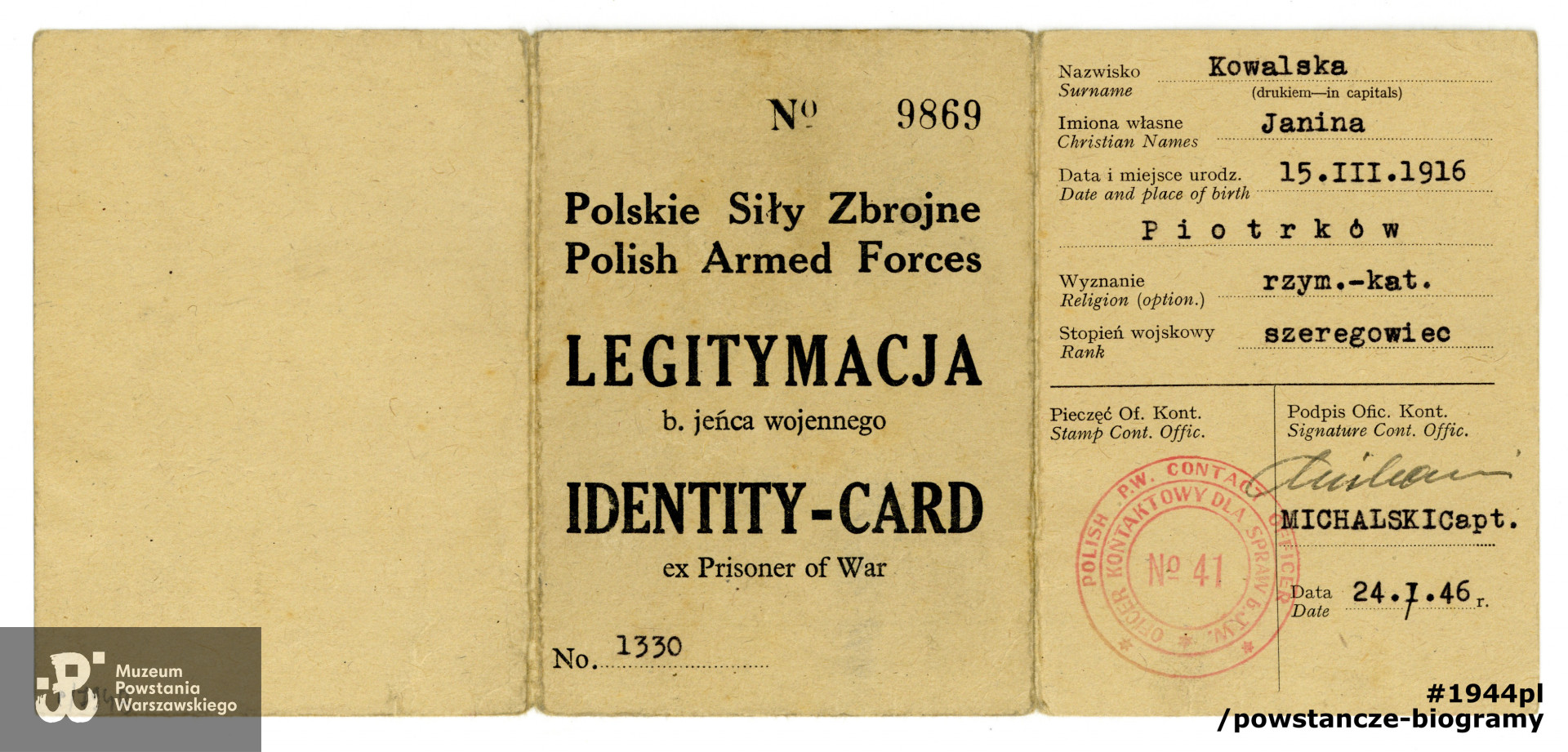 Należąca do Janiny Wierusz-Kowalskiej legitymacja byłego jeńca wojennego. Dokument wystawiony na nazwisko Janina Kowalska. Ze zbiorów Muzeum Powstania Warszawskiego sygn. P/7948/14, dar p. Krystyny Rachwał