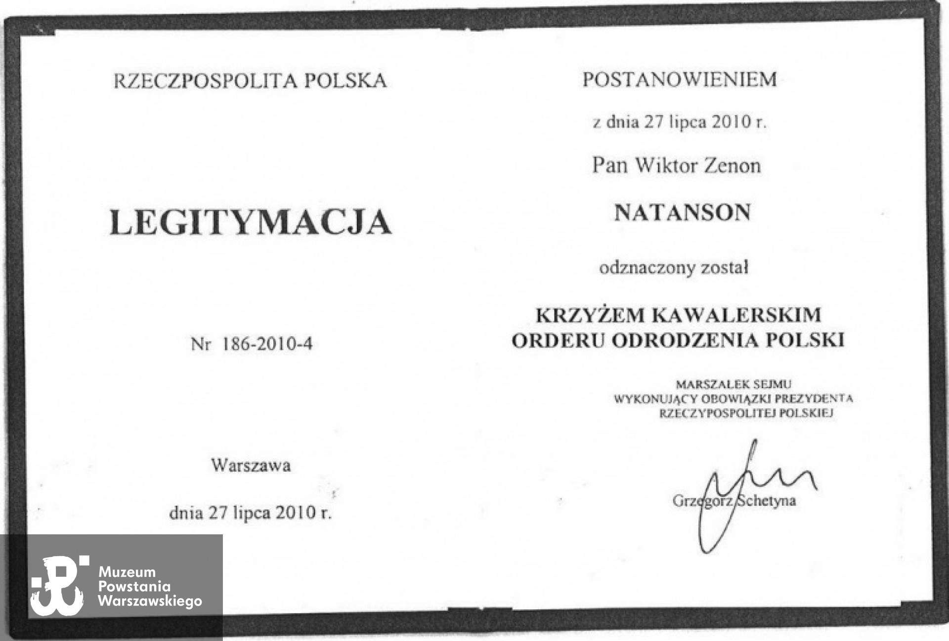 Legitymacja Krzyża Kawalerskiego Orderu Odrodzenia Polski - Warszawa 2010