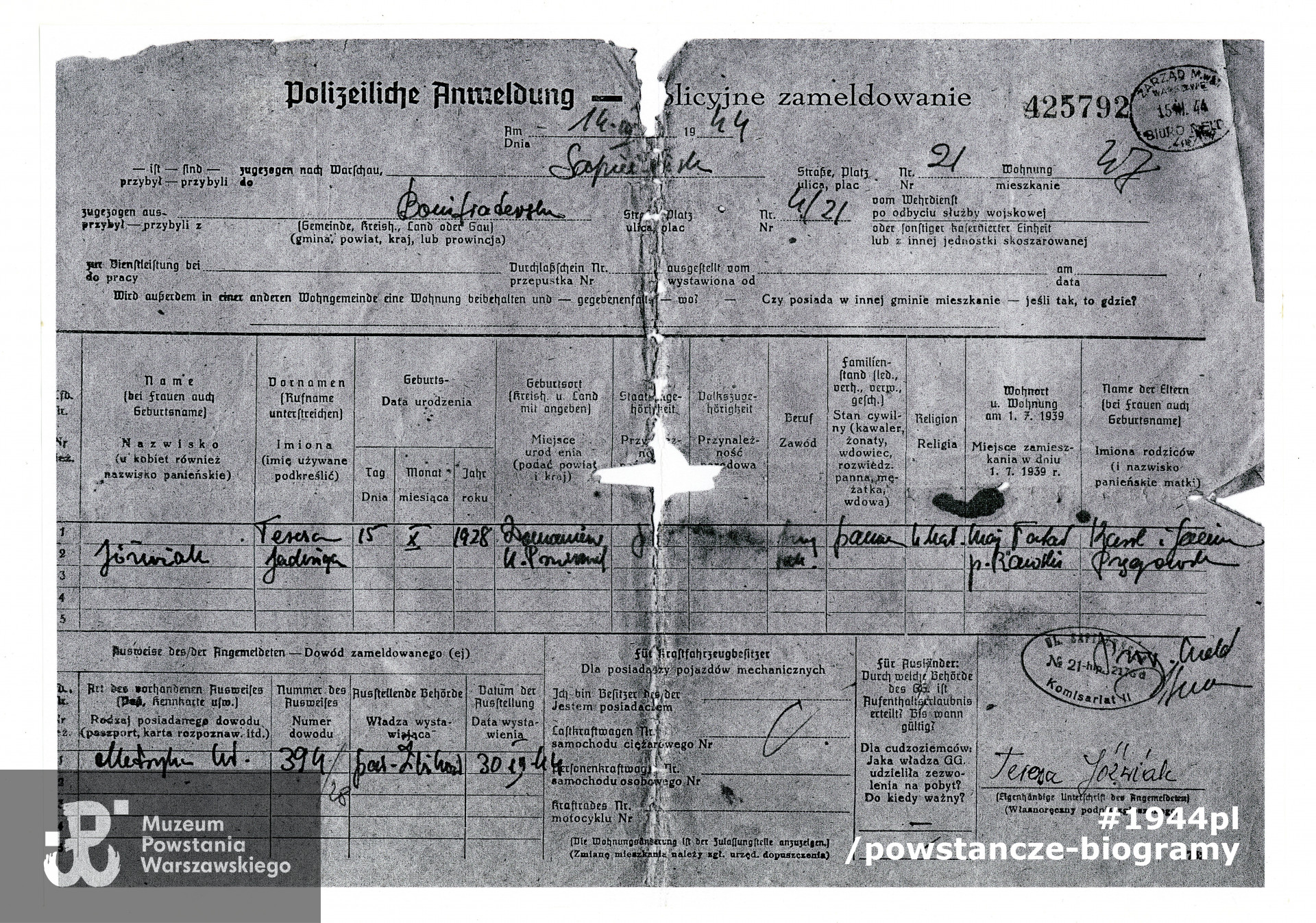 Policyjne zameldowanie - dokument w języku niemieckim. Kserokopia udostępniona przez p. Janusza Jóźwiaka