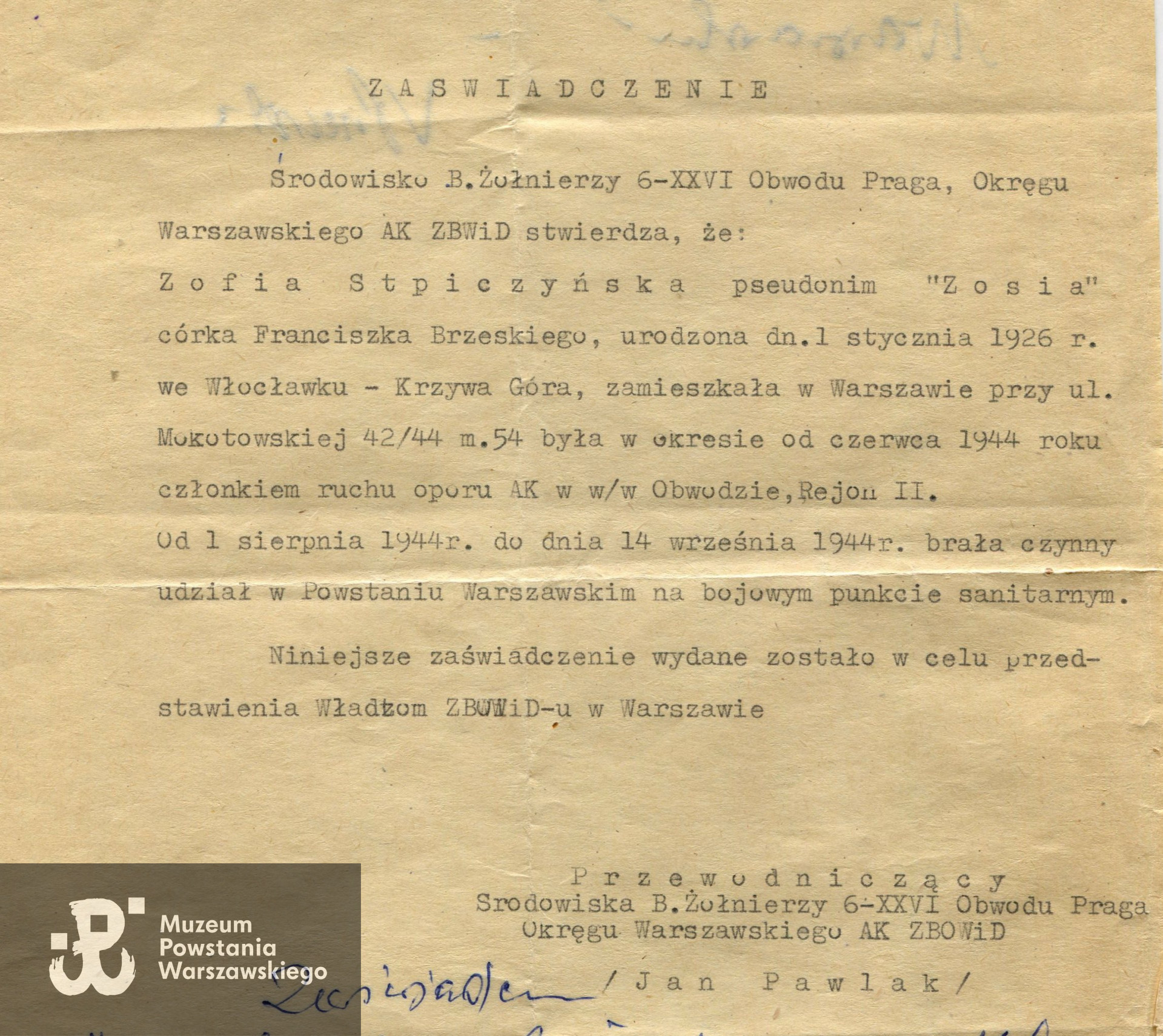 Źródło: MPW-teczka, dokument dostarczony w związku z uzupełnieniem materiałów dotyczących pani Aliny Marii Laskowskiej z domu Dołęgowskiej.