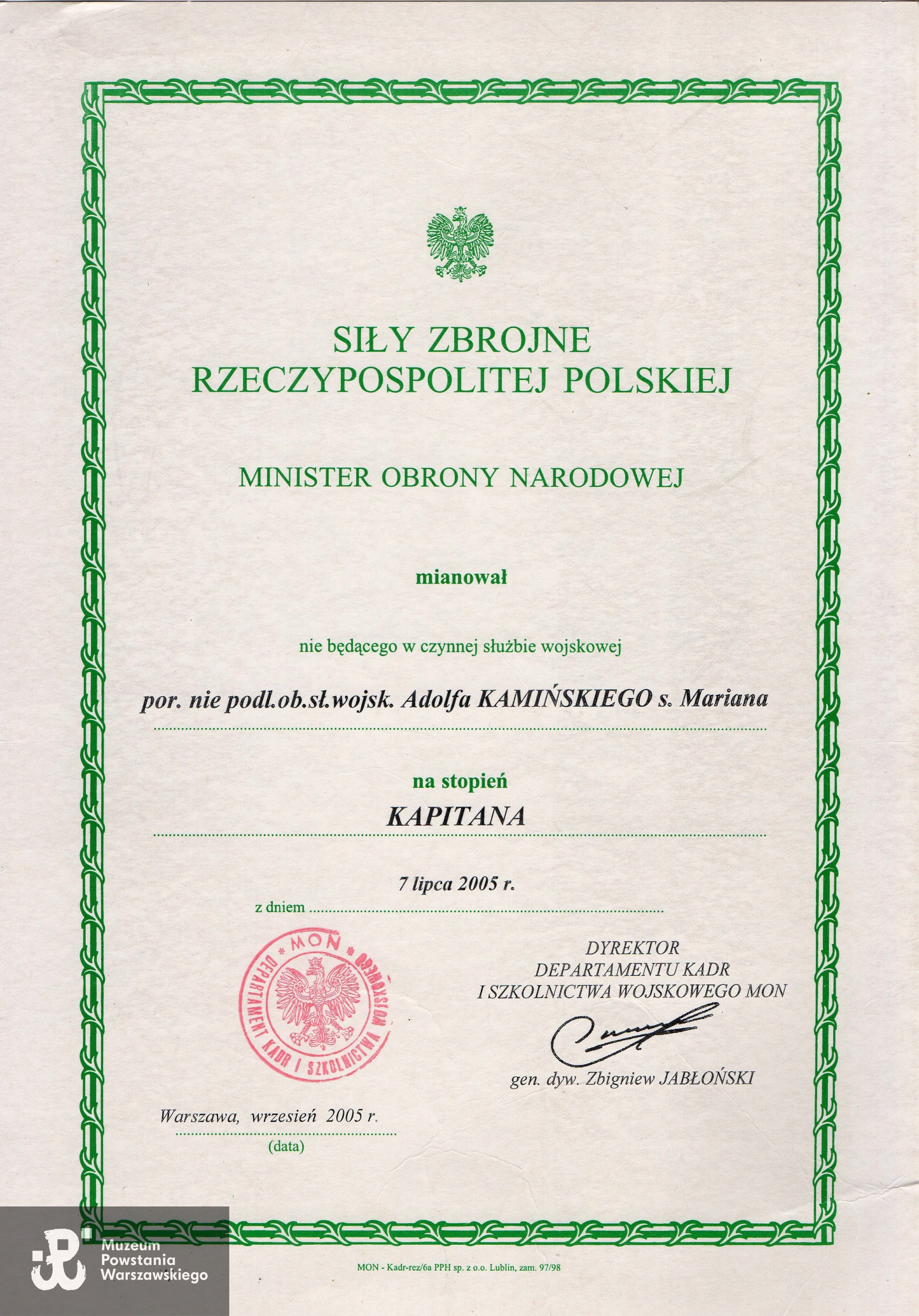 Awans do stopnia kapitana. Z  archiwum rodzinnego  p. Edwarda Kamińskiego