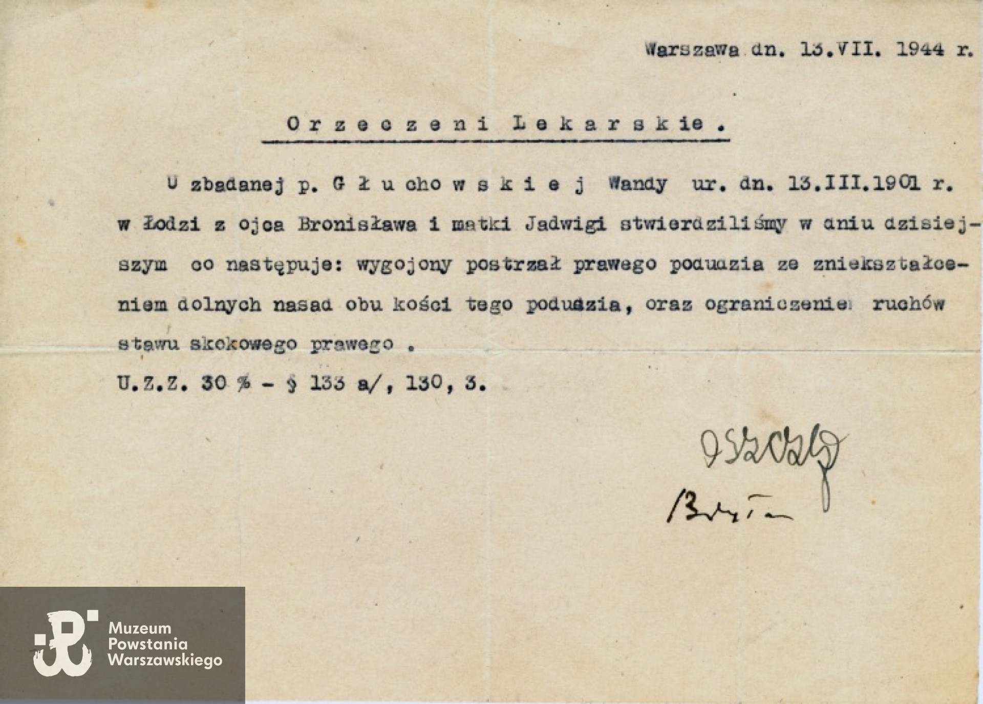 Orzeczenie lekarskie z dn. 13.07.1944 r. konspiracyjnej komisji AK ustalające 30% inwalidztwa Wandy Głuchowskiej od rany w akcji Kedywu Komendy Głównej AK w Wilanowie 26 września 1943 roku. Fot. archiwum rodzinne.