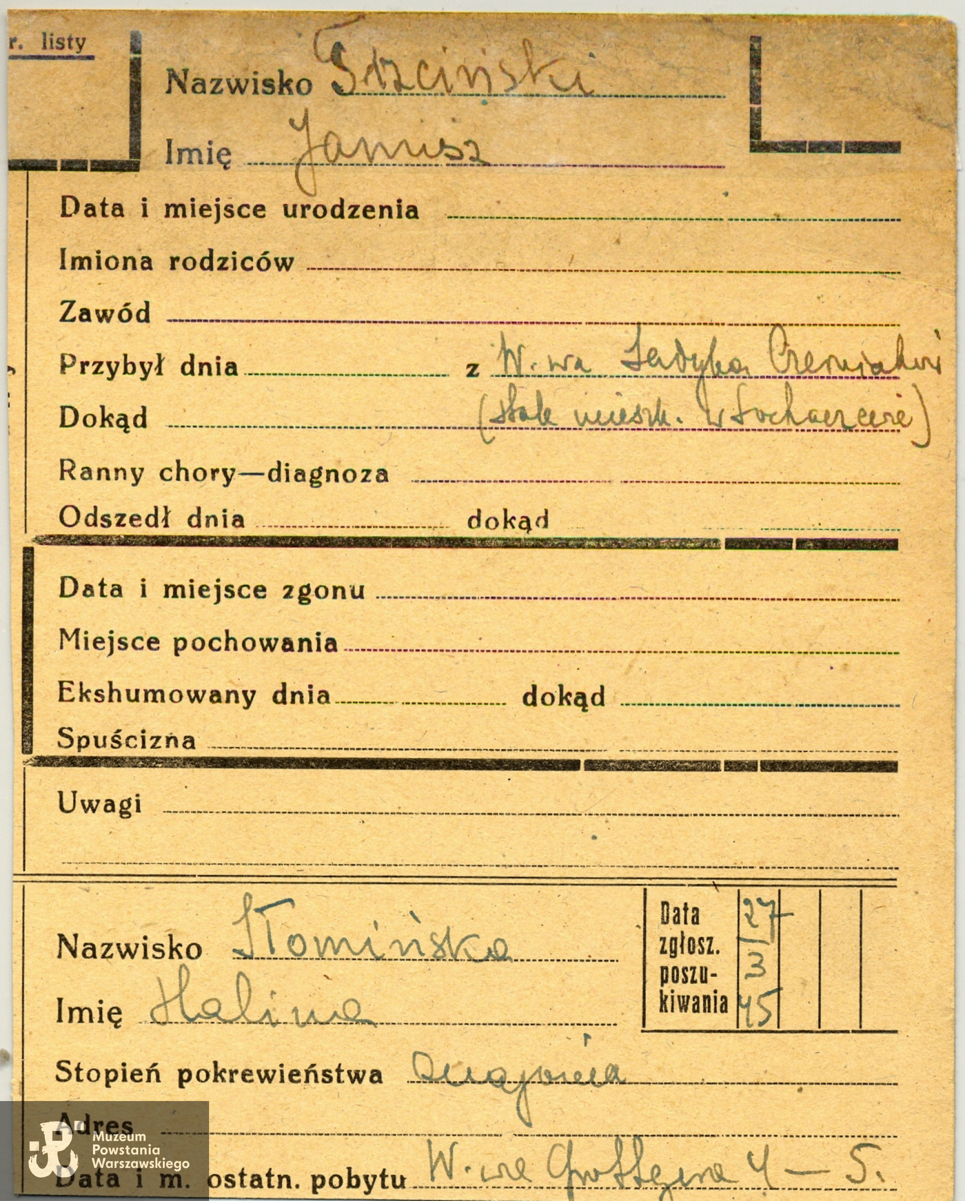 Polski Czerwony Krzyż - kartoteka poszukiwań, Lista strat 2349 - depozyt z ekshumacji, nr  3578, pobrany w dniach 8-9.09.1944 od poległych na Forcie Sadyba na Czerniakowie.