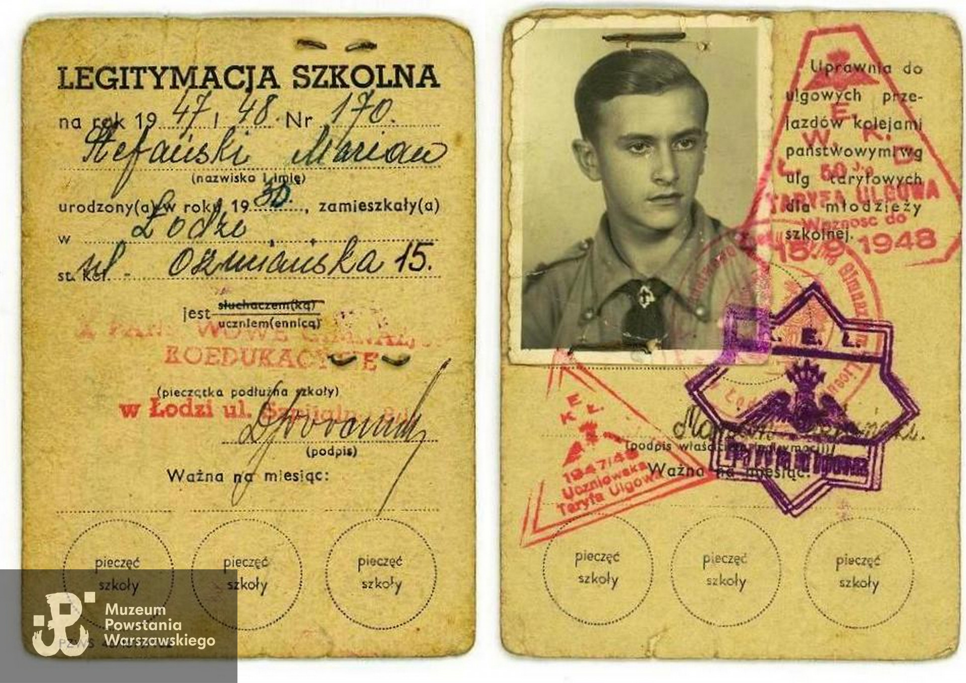Powojenna legitymacja szkolna, rok 1947/1948. Skan: materiały do Słownika Uczestników PW - Pokój Kombatanta