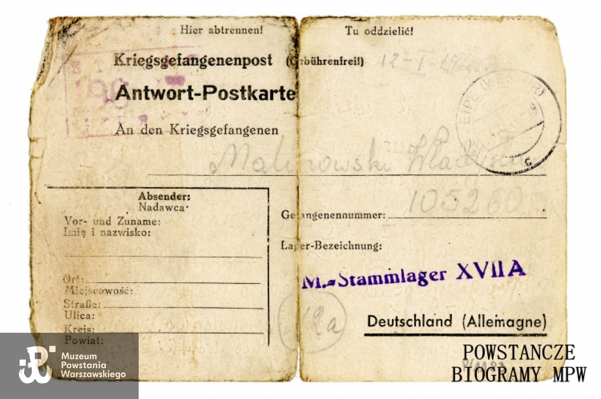 List do obozu jenieckiego na fałszywe nazwisko Władysława Malinowskiego (Włodzimierz Wiśniewski). Ze zbiorów Muzeum Powstania Warszawskiego, sygn. P/1183, dar Włodzimierza Wiśniewskiego "Szczerby"