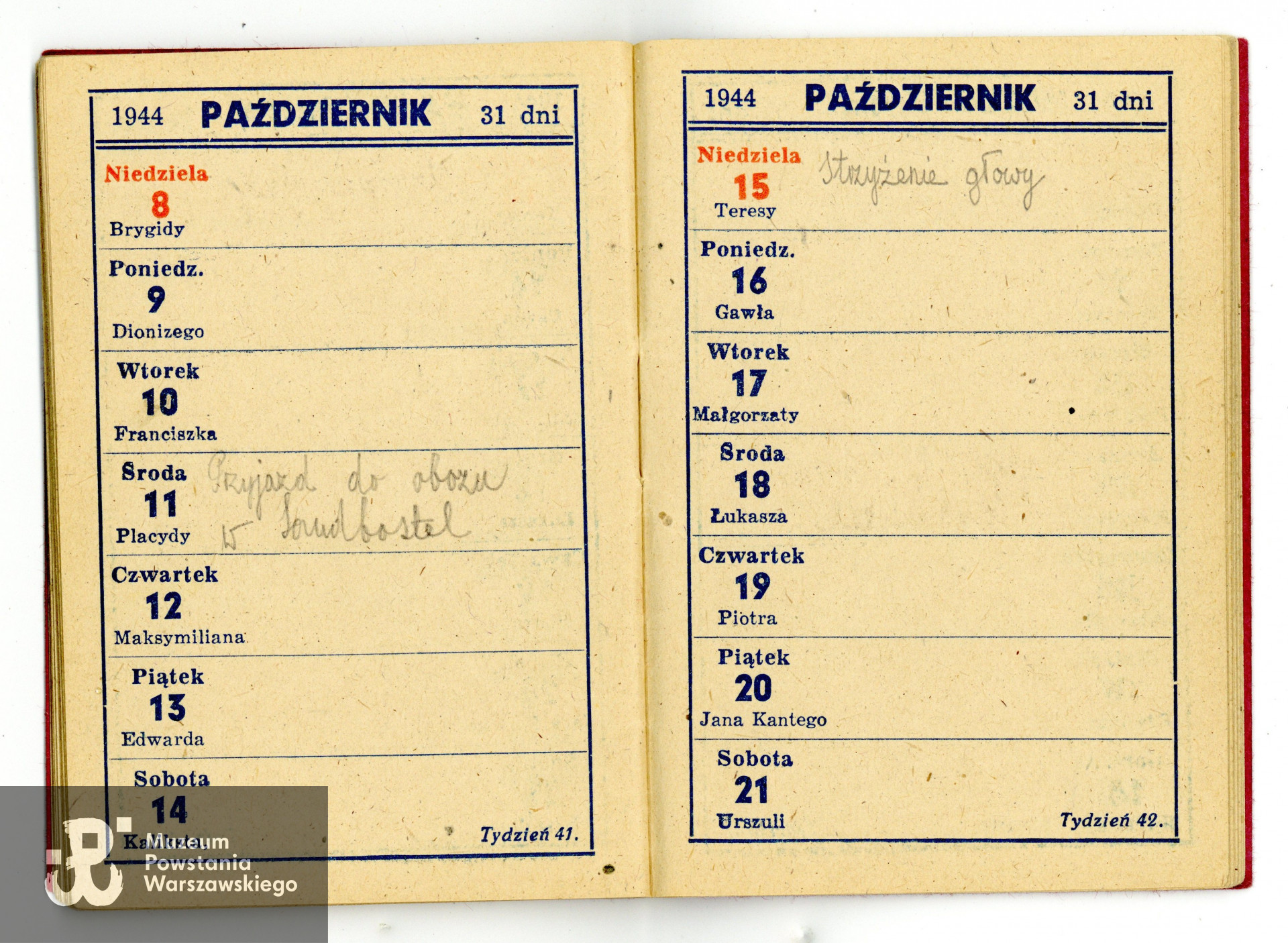 Kalendarzyk na 1944 rok, należący do Tadeusza Gaertiga. Ze zbiorów Muzeum Powstania Warszawskiego, MPW-A/9473 (P/7891),  dar p. Małgorzaty Gaertig-Barr, córki Powstańca