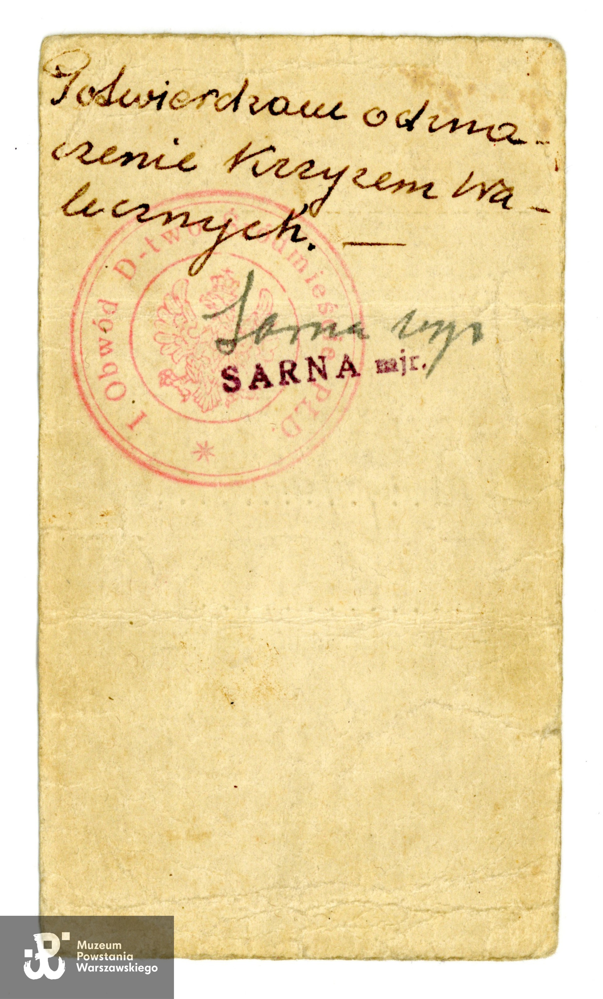 Legitymacja tymczasowa AK należąca do Jana Wiernego.  Ze zbiorów rodzinnych p. Joanny Lechowicz, córki Powstańca. Skany wykonano w Muzeum Powstania Warszawskiego wiosną 2025 r. 