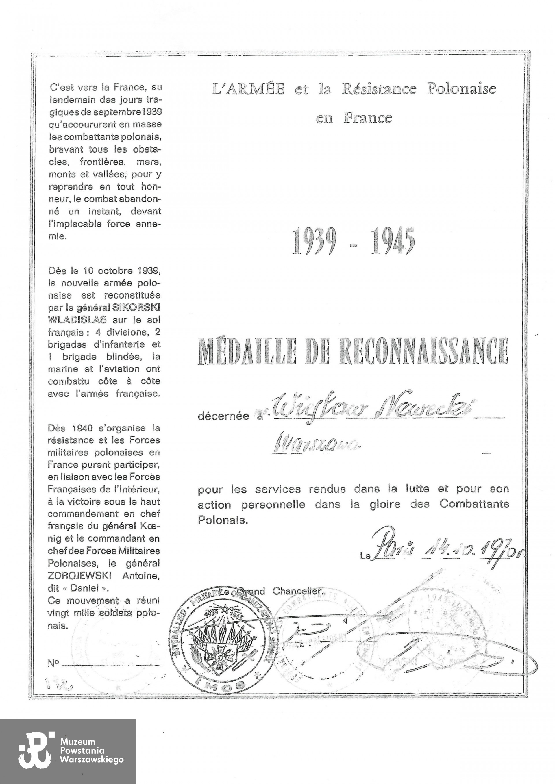 Médaille de Reconnaissance 1939-1945. Z archiwum Wiesława Neweckiego „Kogut”