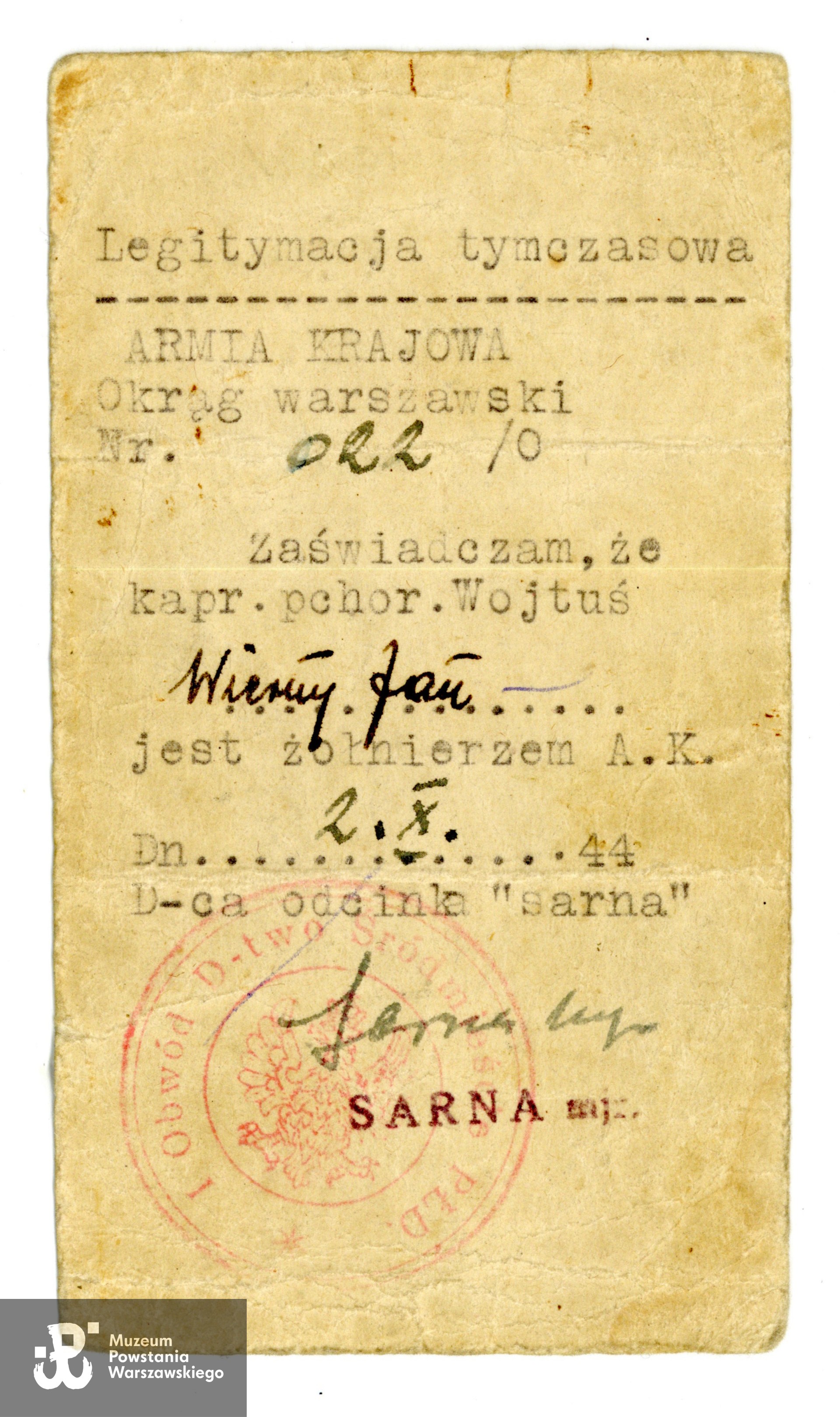 Legitymacja tymczasowa AK należąca do Jana Wiernego.  Ze zbiorów rodzinnych p. Joanny Lechowicz, córki Powstańca. Skany wykonano w Muzeum Powstania Warszawskiego wiosną 2025 r. 