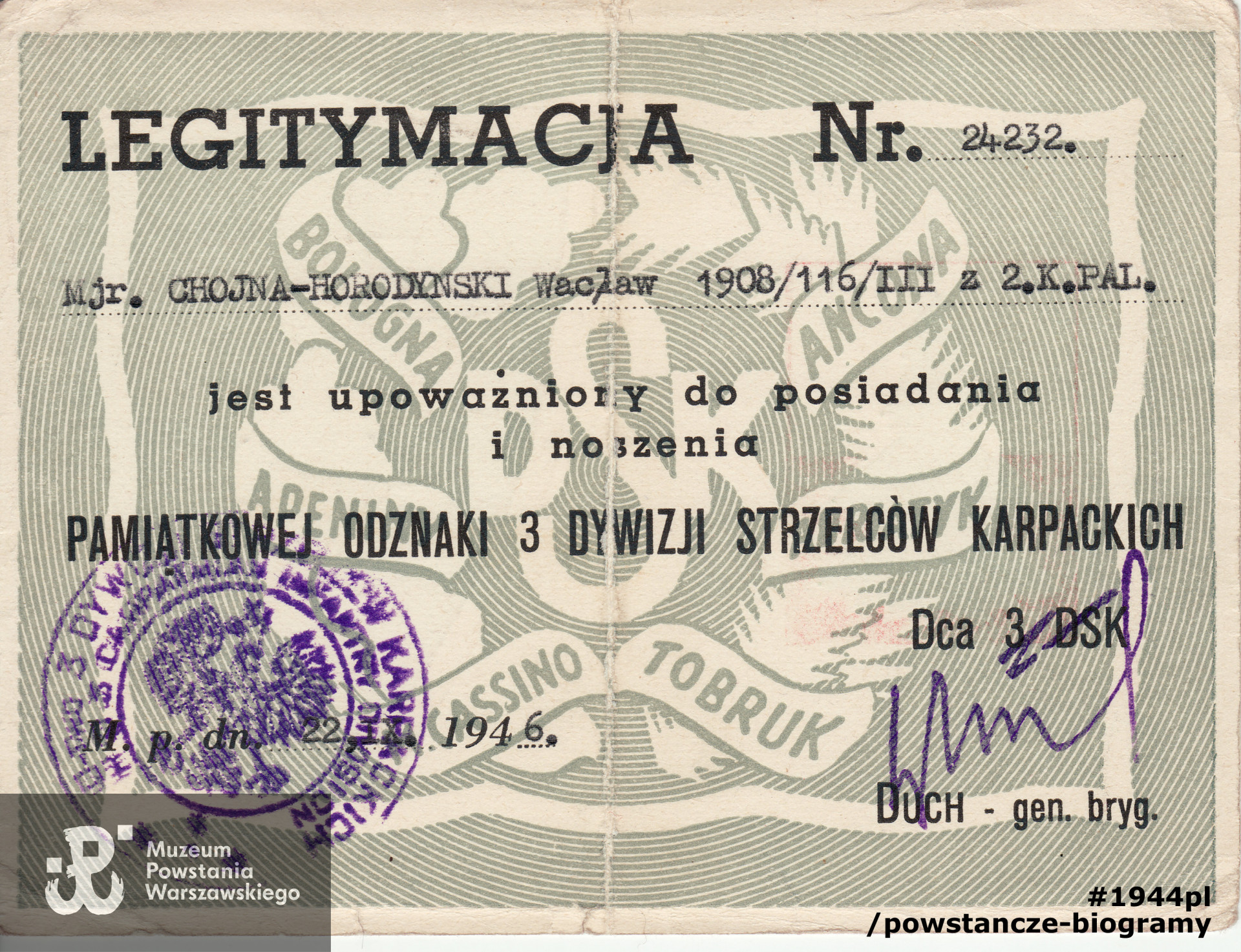 Legitymacja Pamiątkowej Odznaki 3 Dywizji Strzelców Karpackich (3 DSK) - 22.09.1946 rok. Dokument ze zbiorów rodzinnych, skan udostępniła p. Agnieszka Ławacz-Sampanis