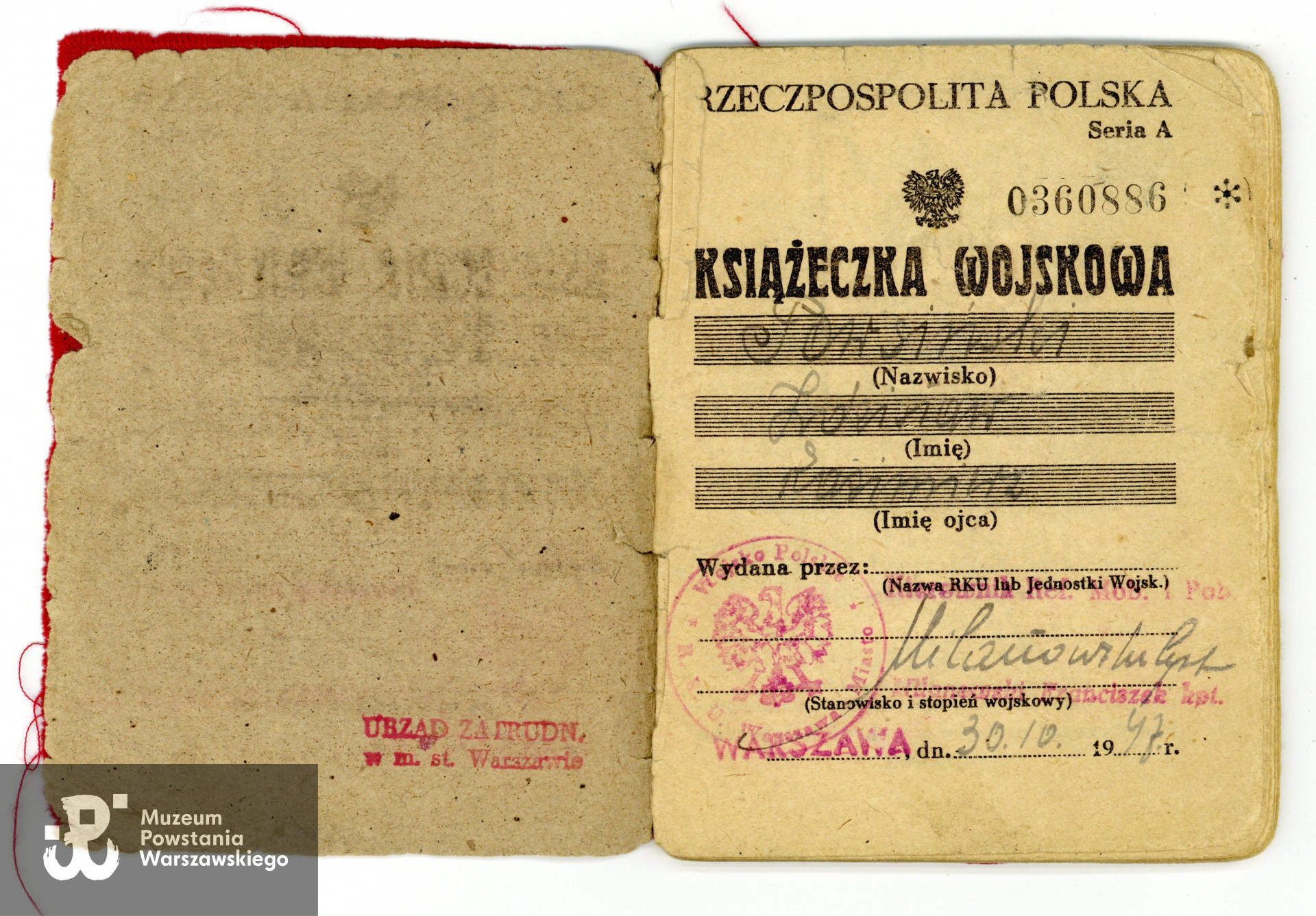 Książeczka wojskowa Zdzisława Powsińskiego, 1947 rok.  Ze zbiorów Muzeum Powstania Warszawskiego, sygn. P/9405/20