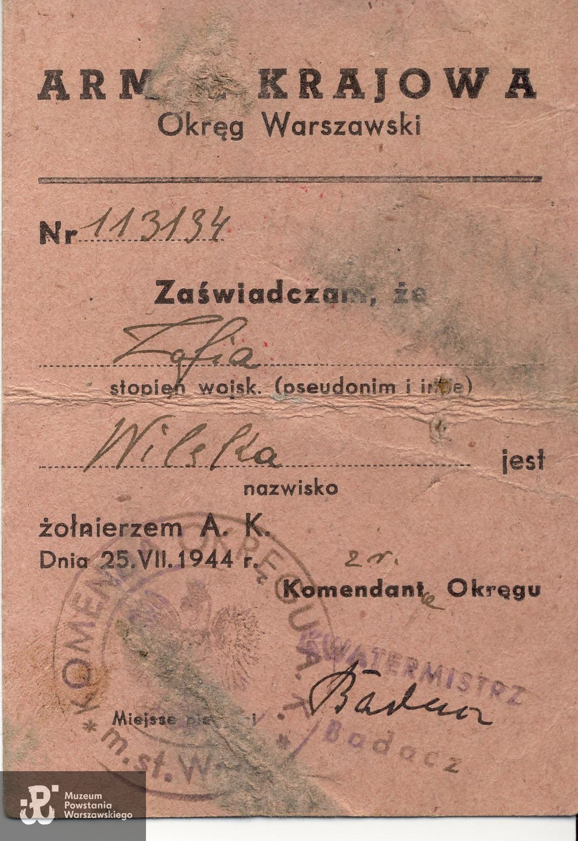 Należąca do Zofii Wilskiej legitymacja  Armii Krajowej. Ze zbiorów rodzinnych, skan udostępniła p. Zofia Jachymska, córka Zofii Wilskiej-Bukowczyk
