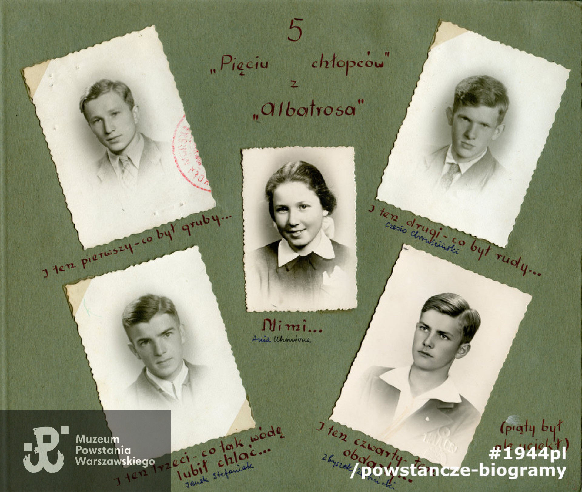 Piątka z „Albatrosa” – 1. Lech Sedlaczek „Hak”, 2. Czesław Chruściński „Sęp”, 3. Jan Stefaniak „Kur”, 4. Zbigniew Złotnicki „Ketling”, 5. Anna Uhma, łączniczka w Powstaniu. Fot. ze zbiorów rodzinnych p. Lecha Sedlaczka ps. Hak