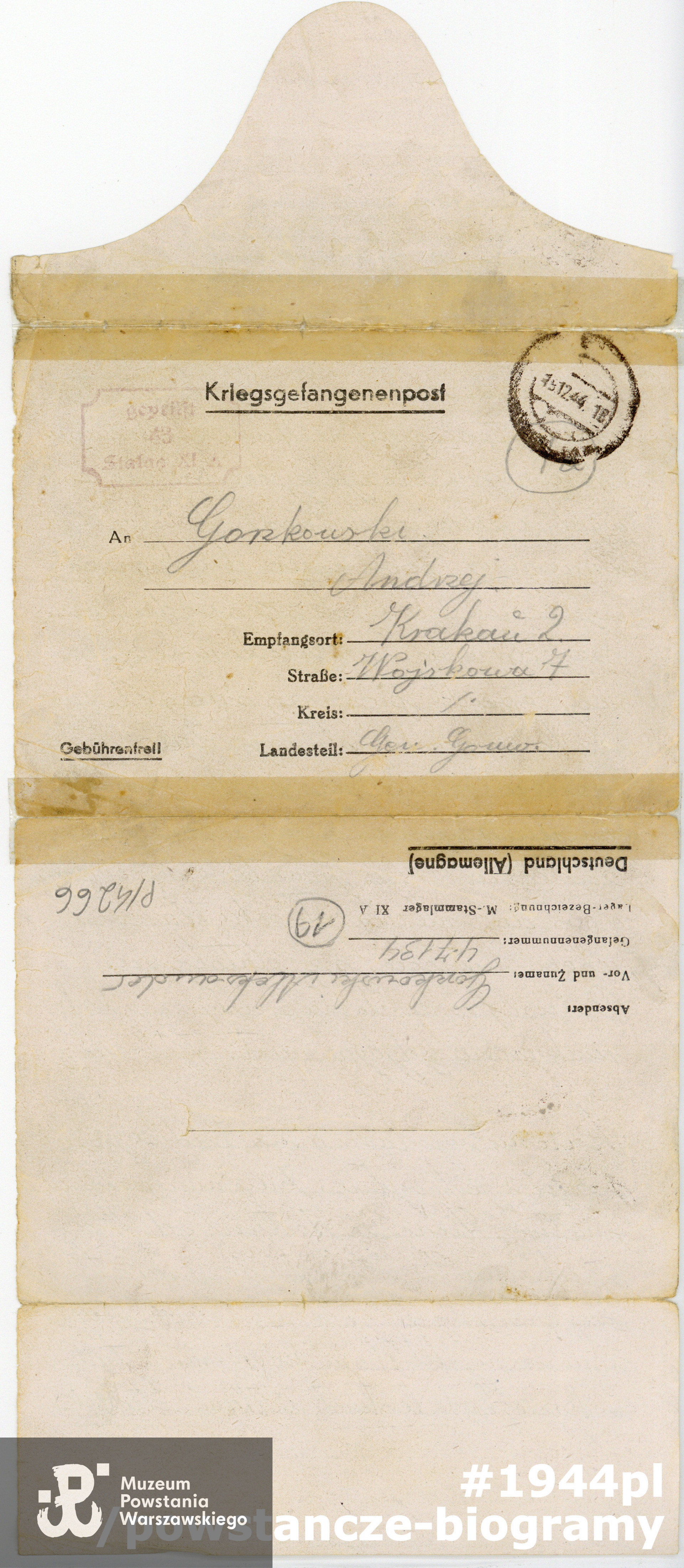 List wysłany przez syna Aleksandra do ojca Andrzeja (rewers), ze zbiorów Muzeum Powstania Warszawskiego sygnatura P/4266