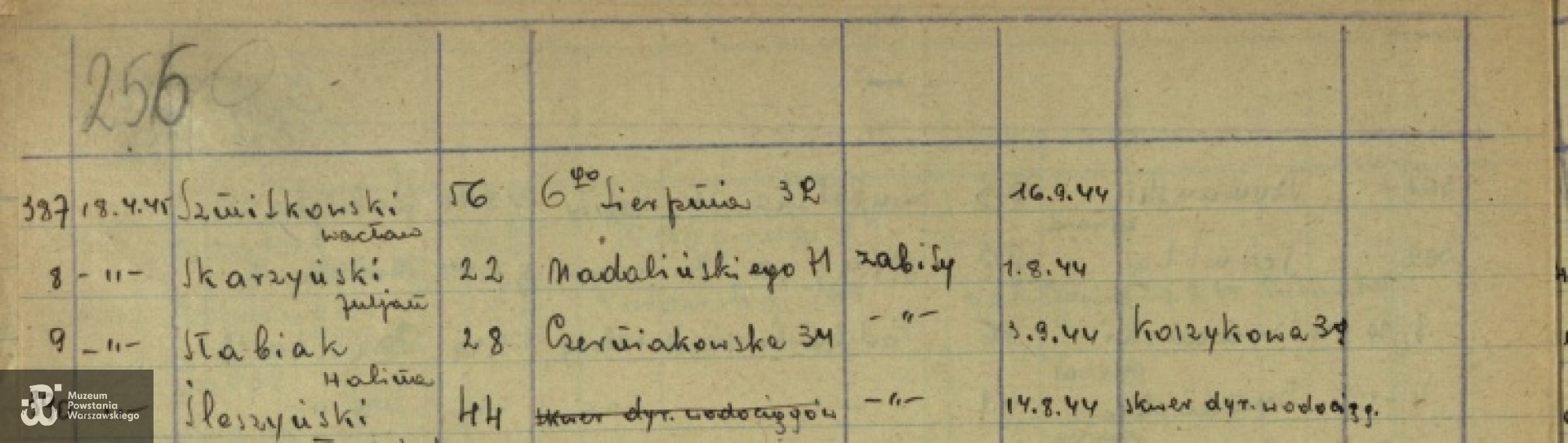 Fragment listy ekshumacyjnej ze zbiorów Archiwum Państwowego m. st. Warszawy.