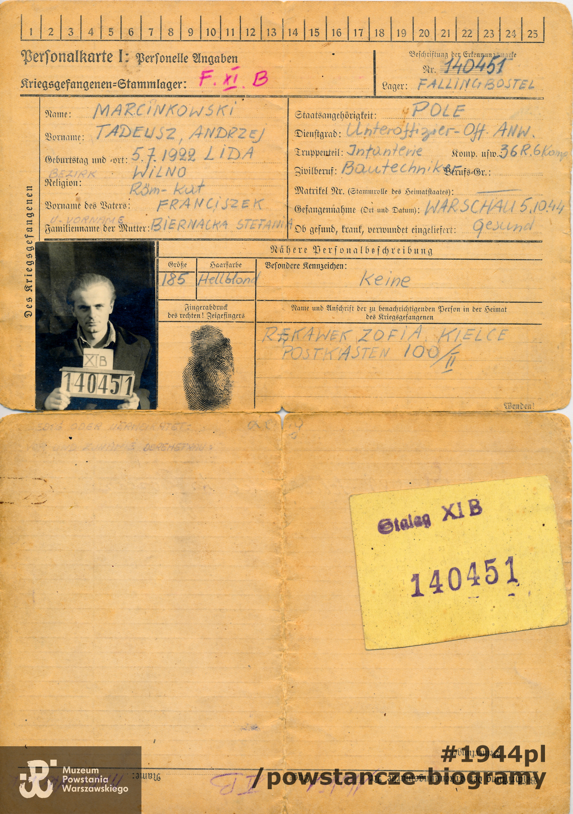 Karta obozowa (Personalkarte) wystawiona na nazwisko Tadeusz Andrzej Marcinkowski