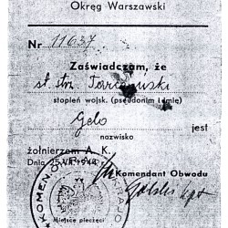 Kserokopia legitymacji AK Eugeniusza Gelo ps. Tarczyński. Źródło: Muzeum Powstania Warszawskiego, Teczki personalne uczestników Powstania Warszawskiego: Gelo Eugeniusz