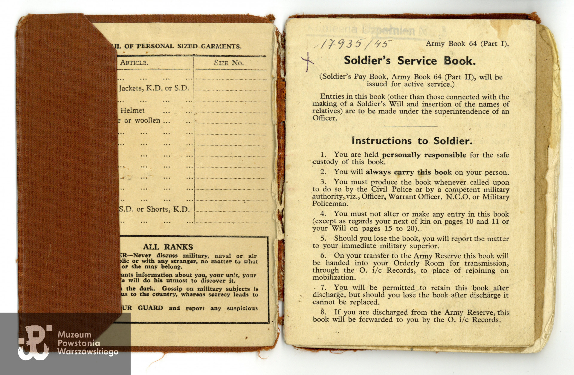Książeczka wojskowa i książeczka żołdu (Soldier's Service and Pay Book) wystawiona na nazwisko Jadwiga Dippel. Dokument ze zbiorów prywatnych p. Jadwigi Dippel - Bossowskiej.