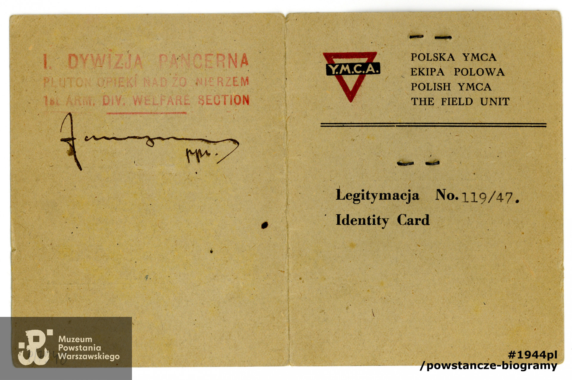 Legitymacja/Identity Card (ze zdjęciem) Polskiej YMCA wystawiona na nazwisko Janina Kowalska, z dn. 01.01.1947. Ze zbiorów Muzeum Powstania Warszawskiego sygn. P/7948/14, dar p. Krystyny Rachwał