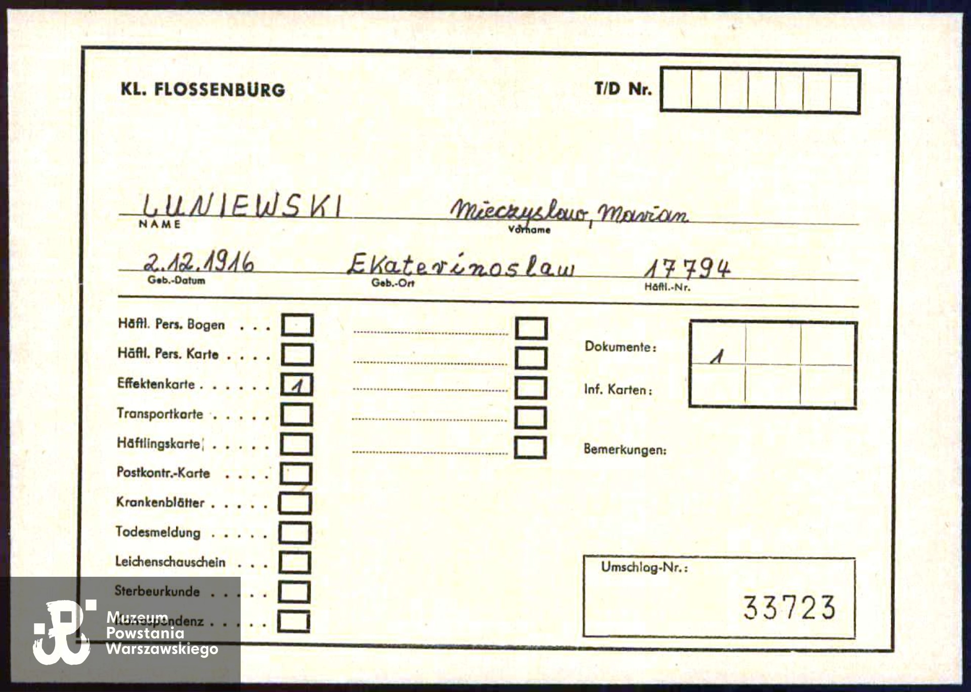 źródło: Arolsen Archives Dokuments, skany otrzymane przez p. Jerzego Mikuszewskiego za pośrednictwem  MyHeritage i przesłane do Muzeum przez p. Jerzego Mikuszewskiego, zięcia Powstańca.