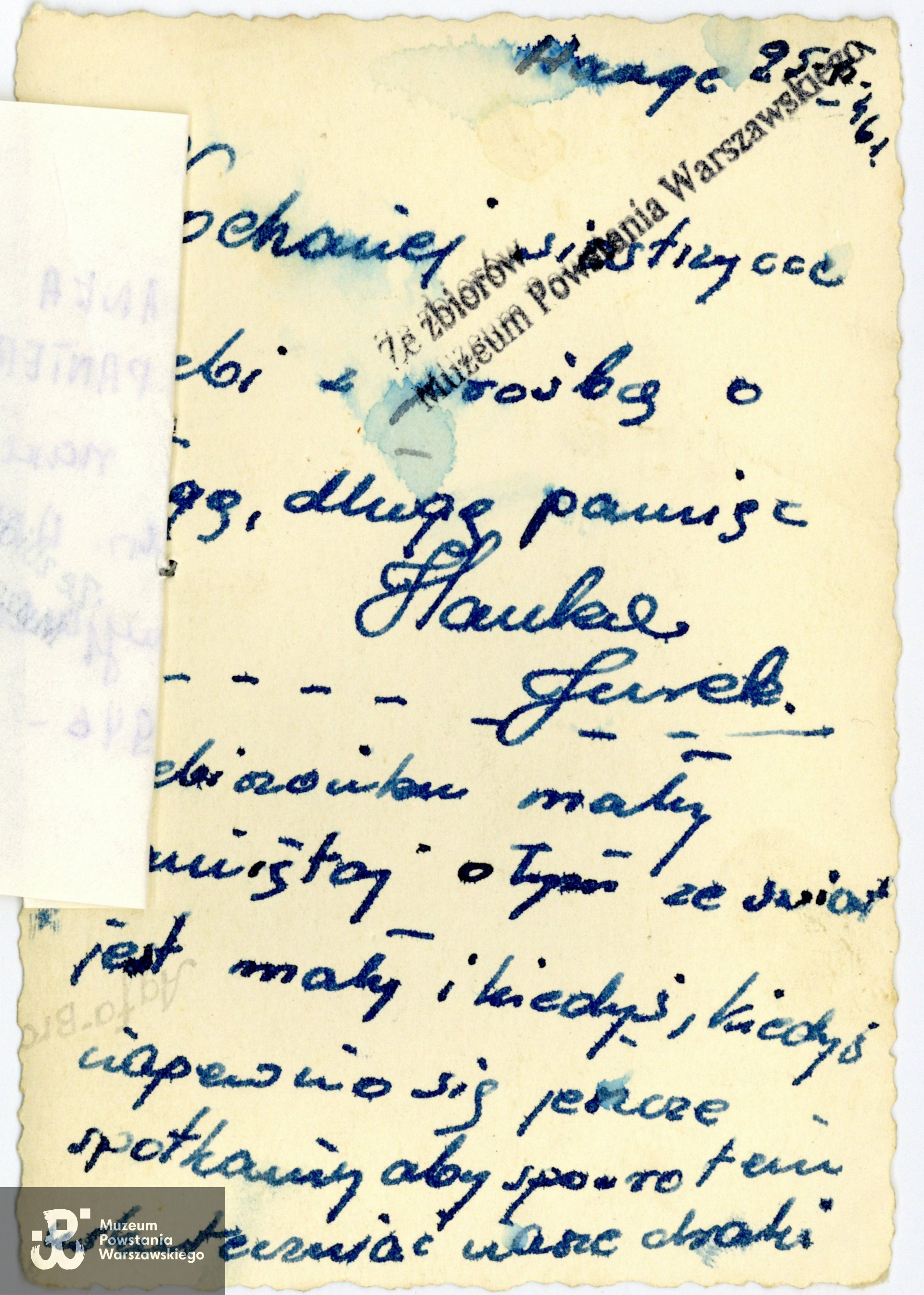 Rewers fotografii. z dedykacją dla Haliny Jędrzejewskiej "Bebi" od  Hanny i Jerzego. Ze zbiorów Muzeum Powstania Warszawskiego, sygn. P/9646, dar p. Haliny Jędrzejewskiej - Chodzickiej