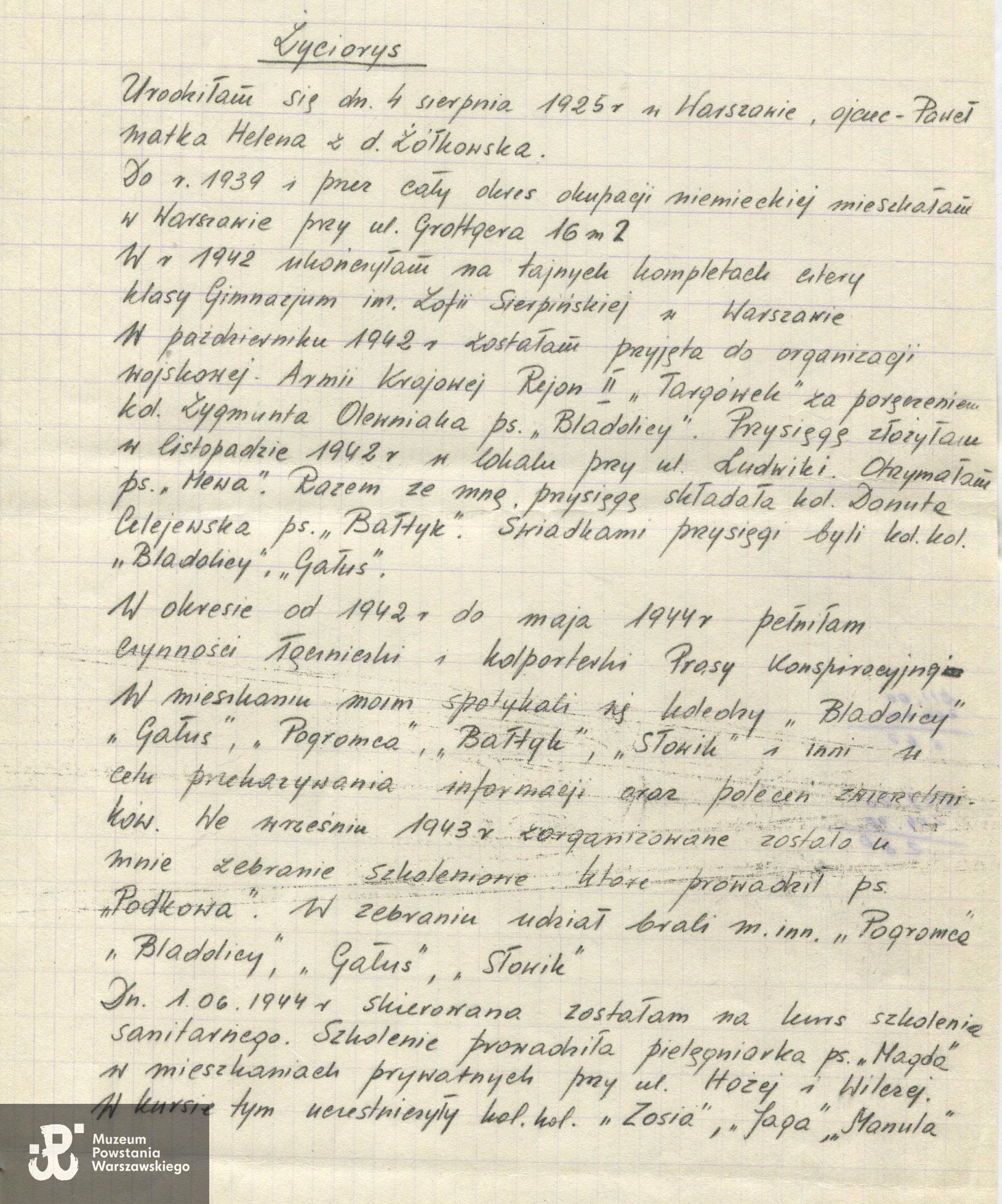 Życiorys. Ze zbiorów rodzinnych, skan: materiały do Słownika Uczestników Powstania Warszawskiego - Pokój Kombatanta MPW