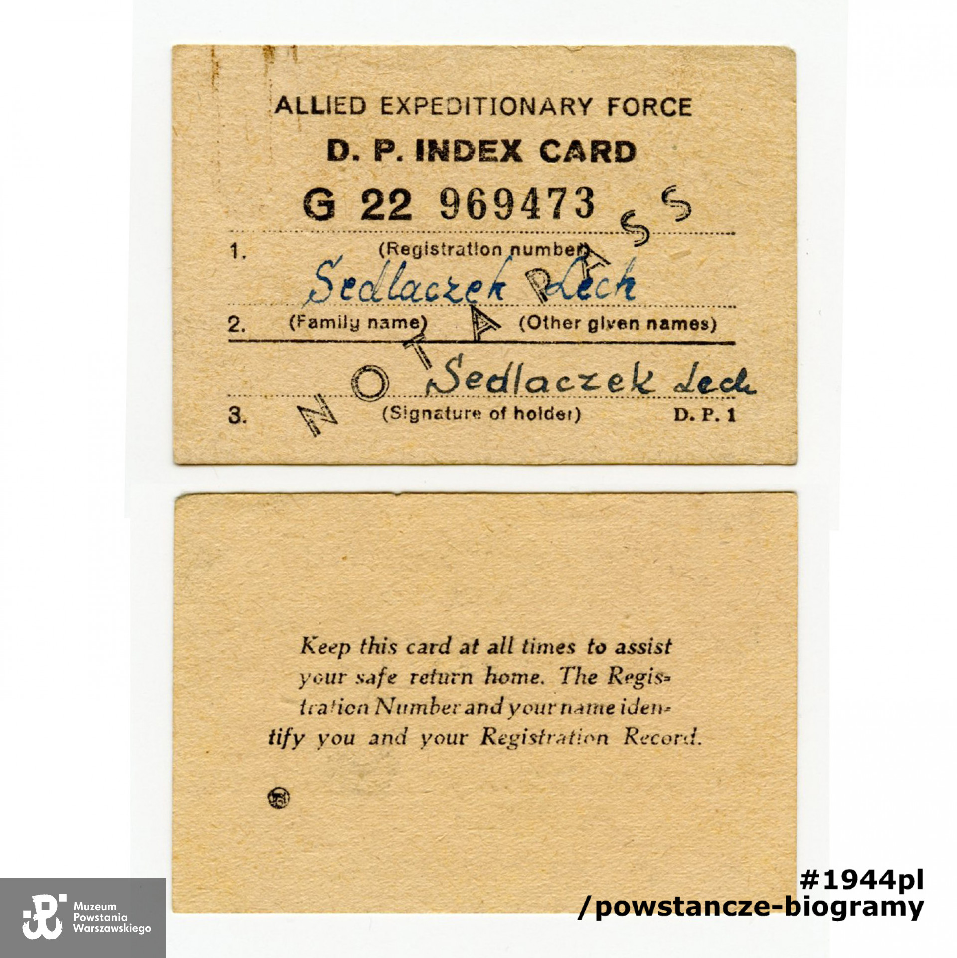 D.P. (Displaced Persons) Index Card Lecha Sedlaczka wydany po wyzwoleniu jako dokument tożsamości.  Z archiwum rodzinnego p. Lecha Sedlaczka ps. Hak