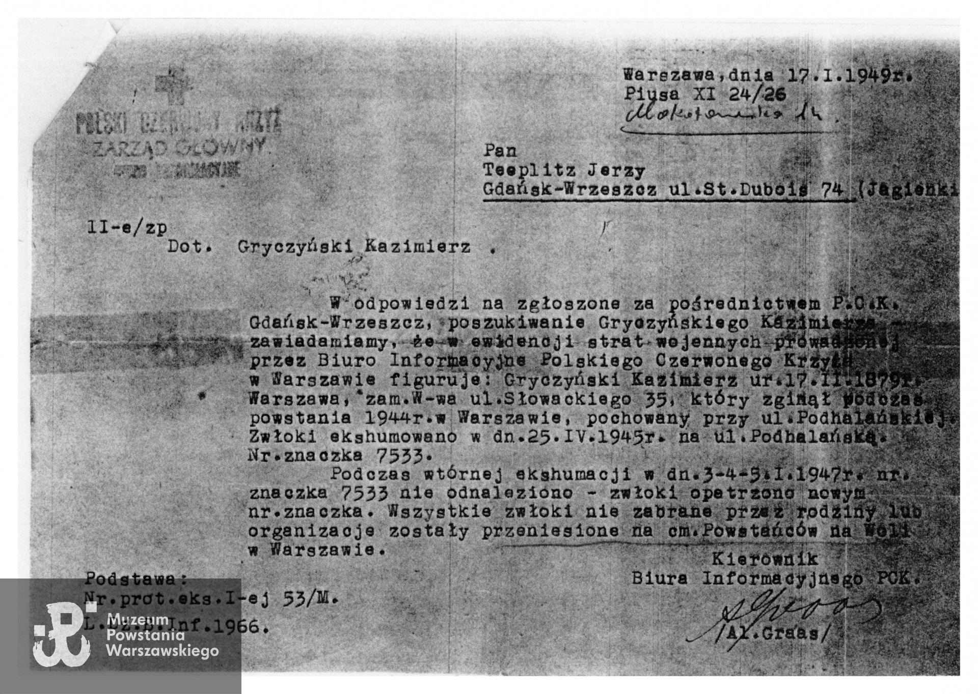 Korespondencja z 17.01.1949 r. między Biurem Informacyjnym PCK a p. Jerzym Toeplitzem. Archiwum rodzinne