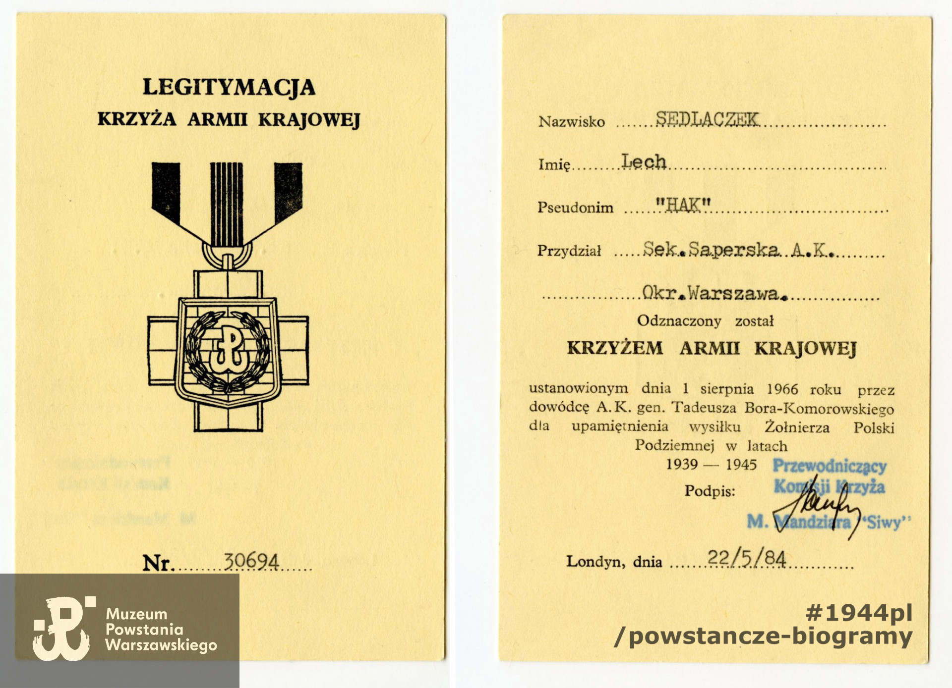 Legitymacja Krzyża Armii Krajowej. Z archiwum rodzinnego p. Lecha Sedlaczka ps. Hak
