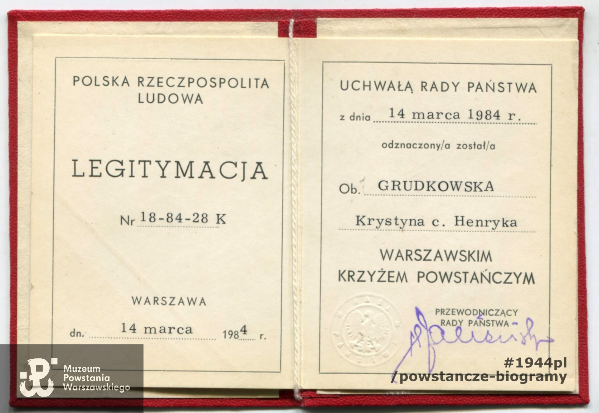 Legitymacja odznaczeniowa - Warszawski Krzyż Powstańczy. Ze zbiorów rodzinnych p. Krystyny Grudkowskiej z d. Purzyckiej, skan: materiały do Słownika Uczestników PW/Pokój Kombatanta MPW