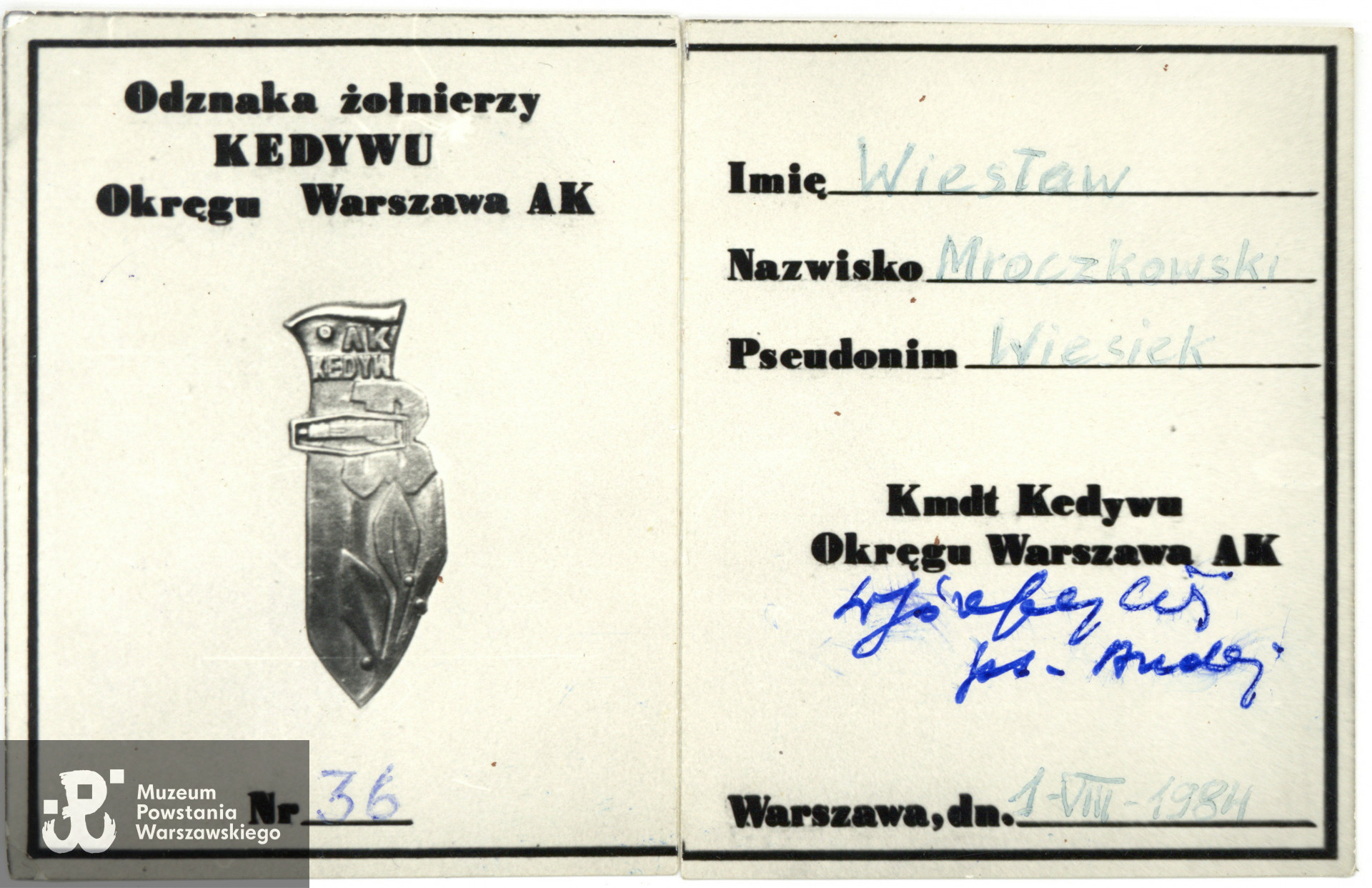 Legitymacja  pamiątkowej Odznaki Żołnierzy Kedywu Okręgu Warszawa Armii Krajowej. Na dokumencie widoczny podpis Komendanta Kedywu OW AK Józefa Rybickiego ps. "Andrzej". Z archiwum rodzinnego p. Marii Bienias i p. Janiny Kubicy