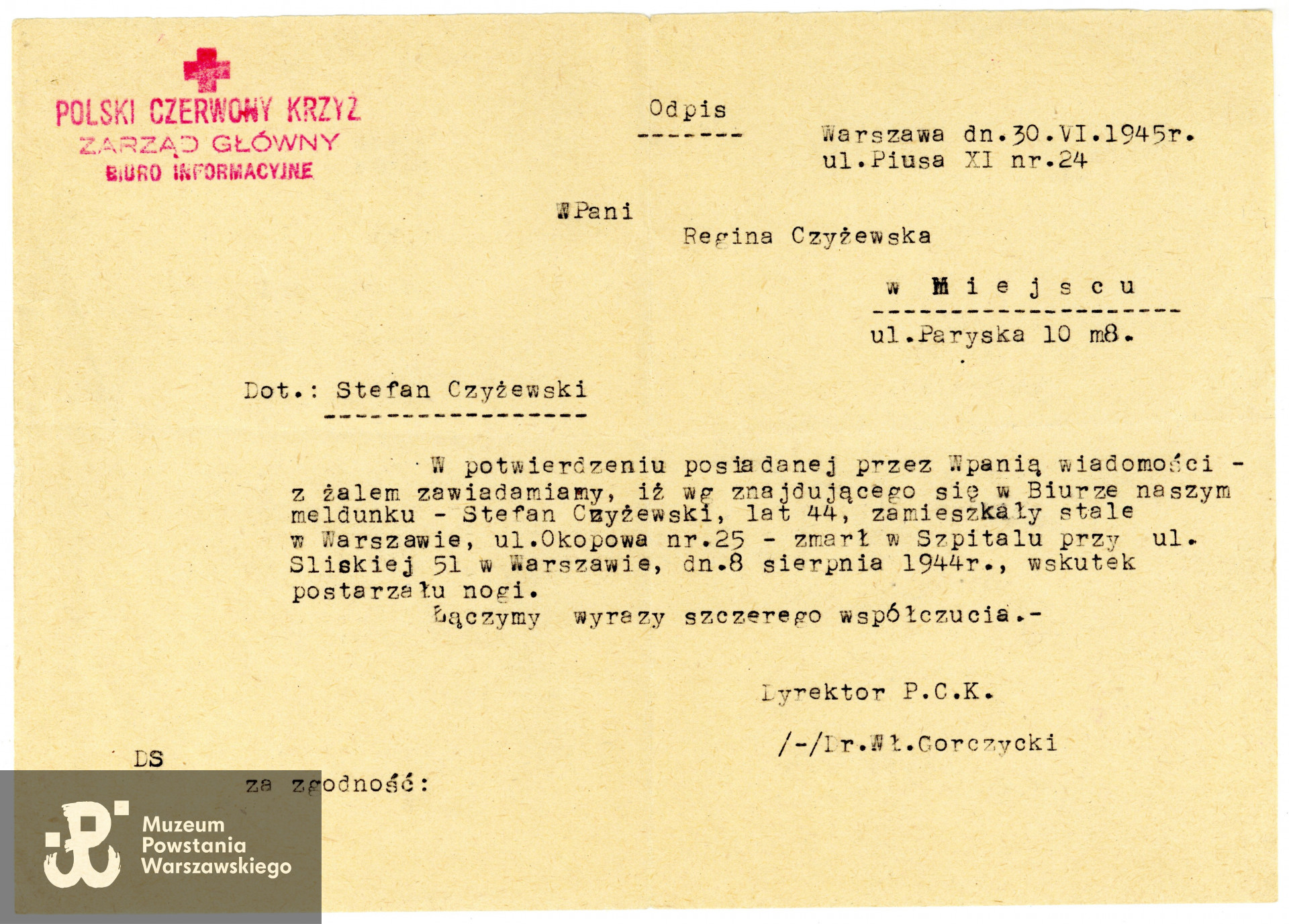 Zaświadczenie PCK dotyczące śmierci Stefana Czyżewskiego. Ze zbiorów rodzinnych, udostępniła p. Kinga Rusin, wnuczka Powstańca.