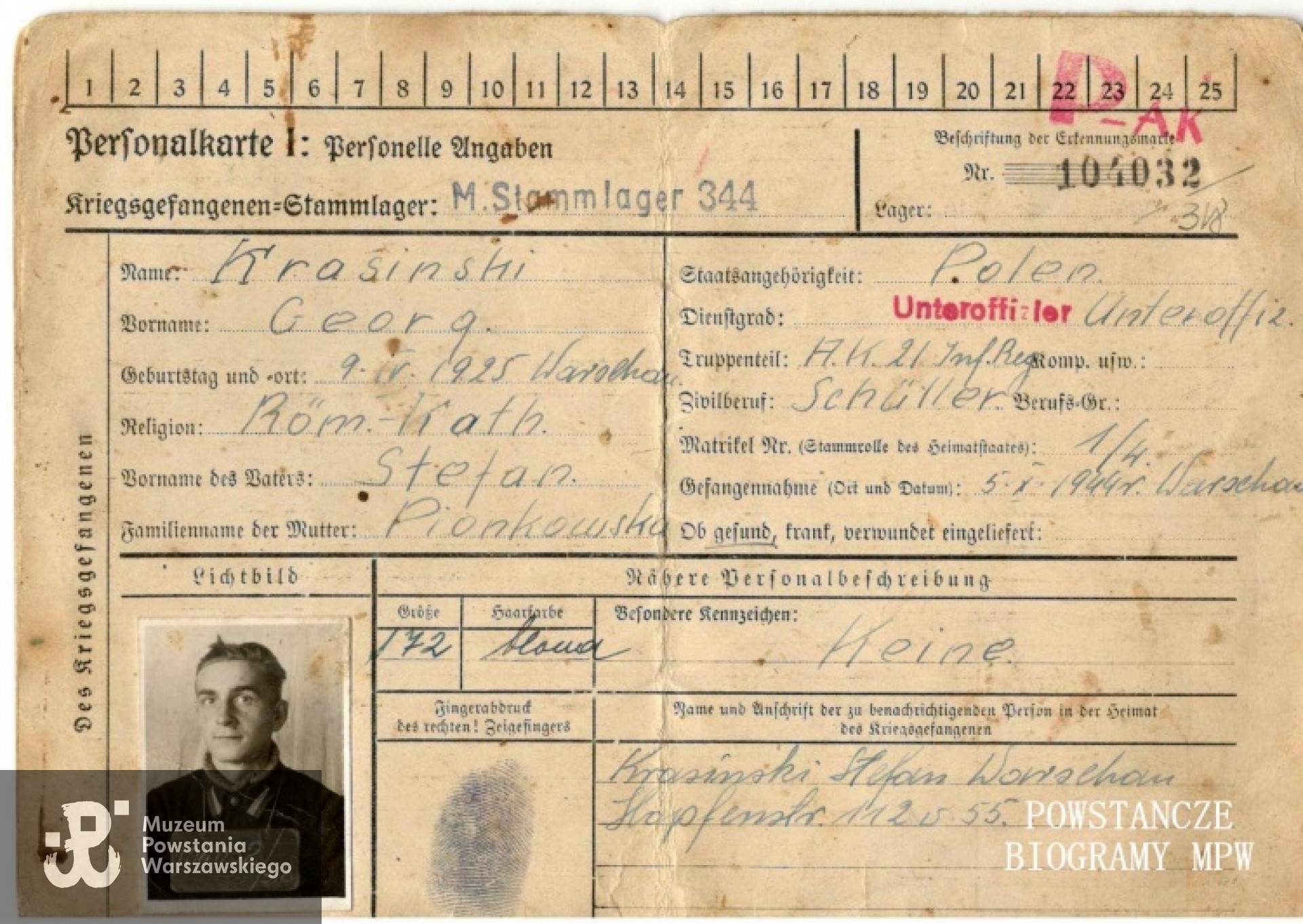 Dokumentacja ze Stalagu 344 Lamsdorf. Dokument z archiwum rodzinnego p. Wiesławy Krasińskiej