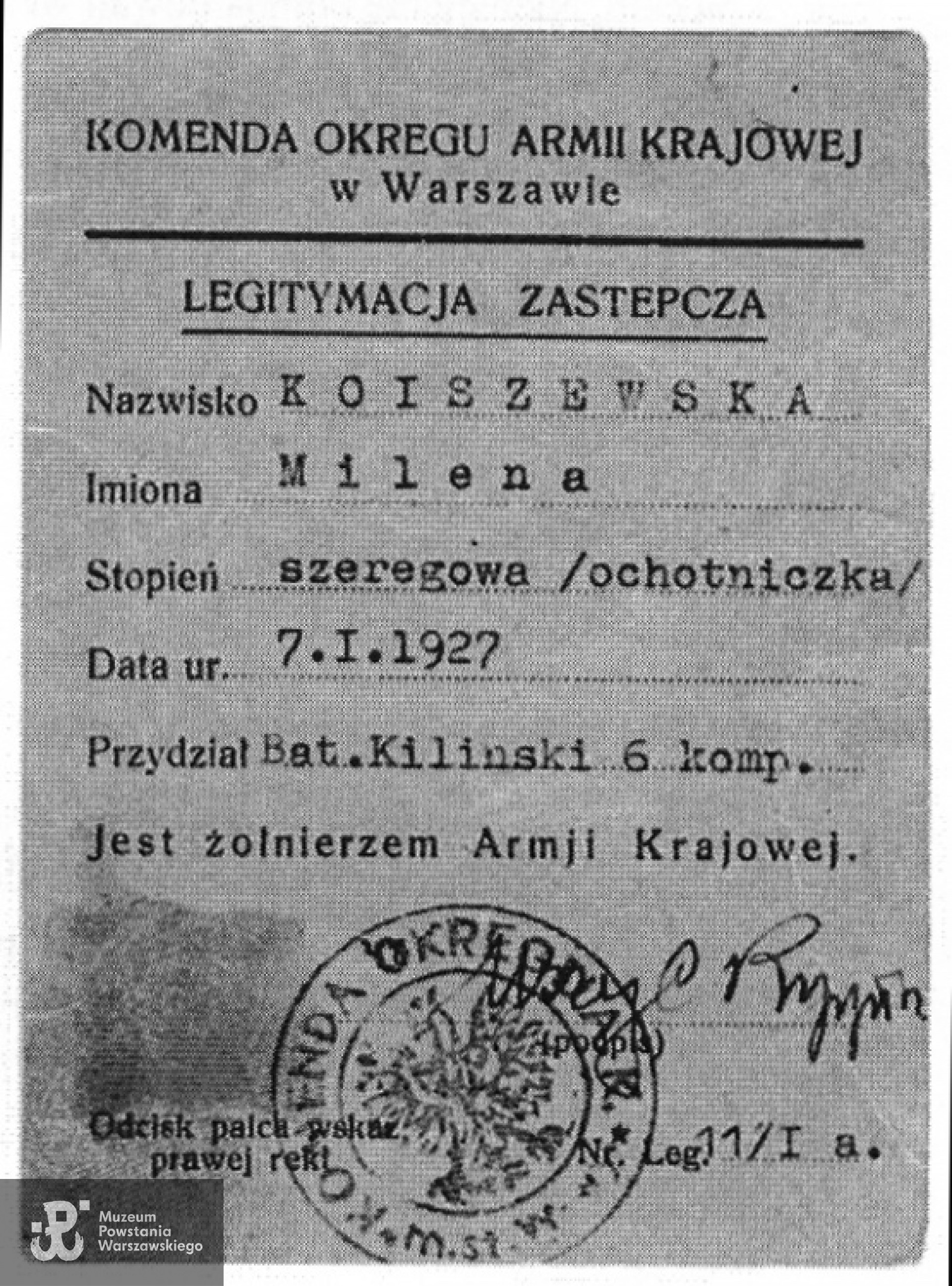 Legitymacja powstańcza "Mileny"
