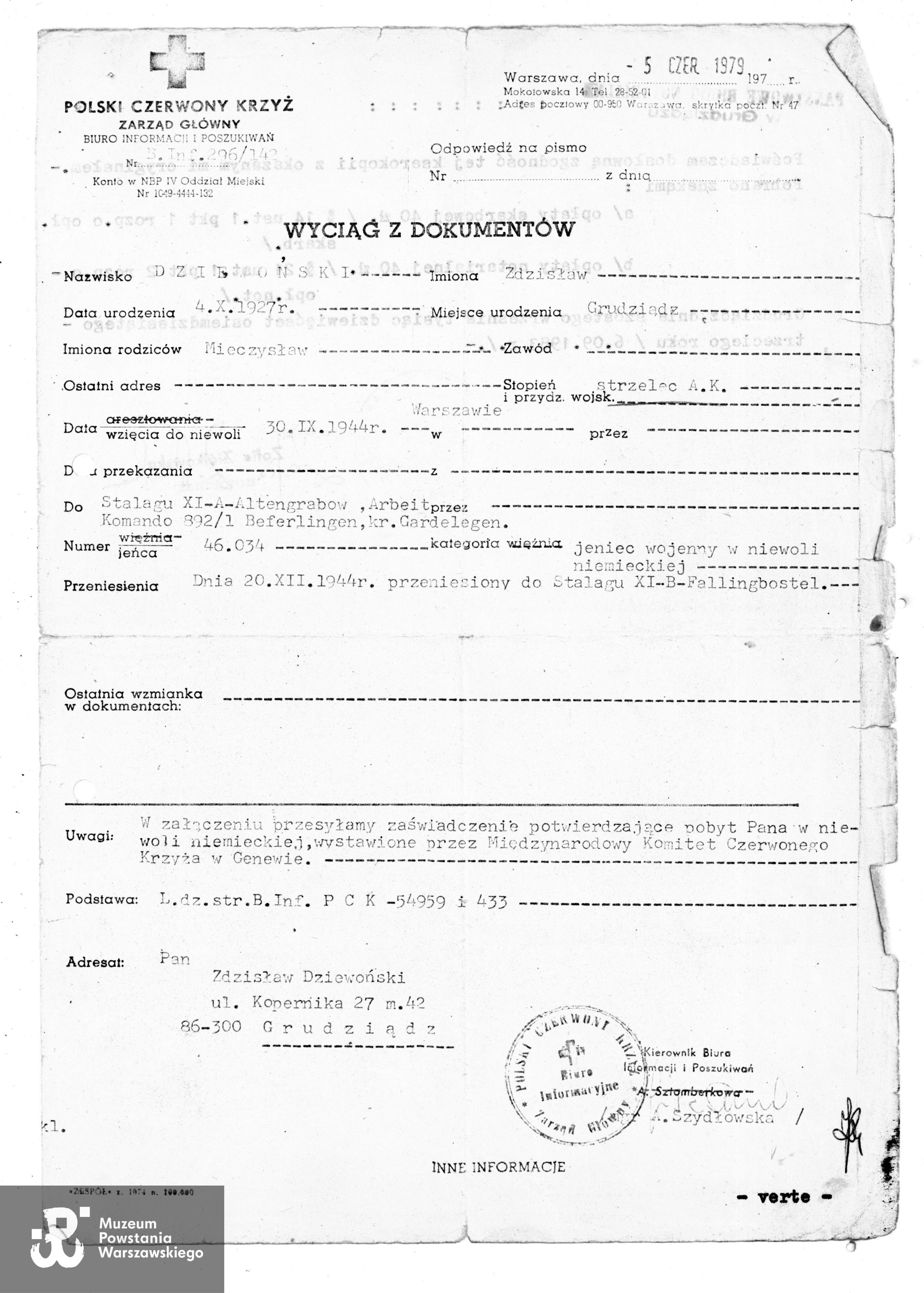 Wyciąg z dokumentów PCK.  Zbiory rodzinne Katarzyny i Adama  Dziewońskich. 