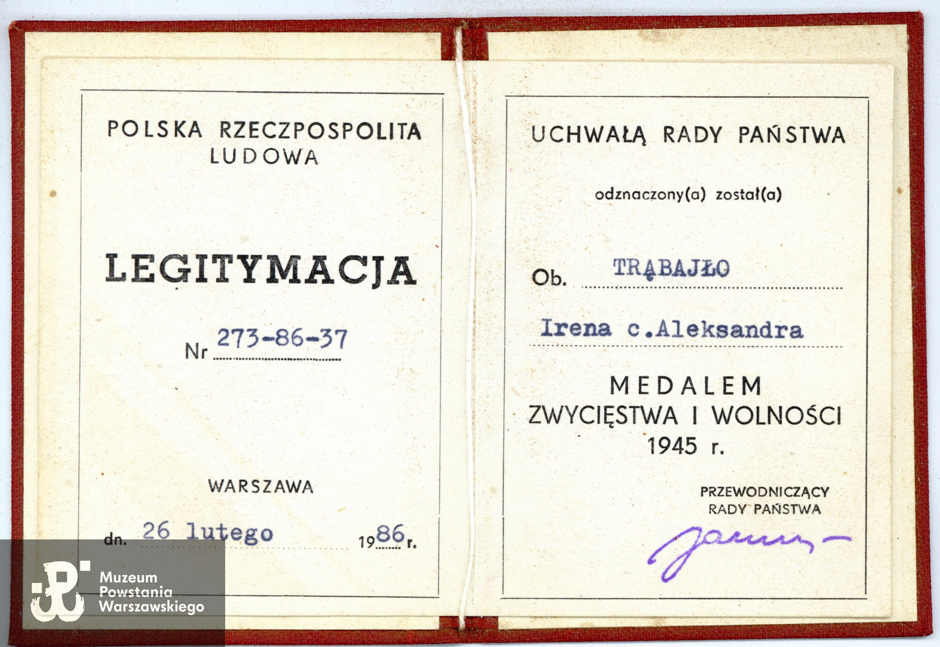 Legitymacja odznaczeniowa MZiW. Z archiwum rodzinnego  p. Elżbiety Majkowskiej i p. Sylwii Rojek