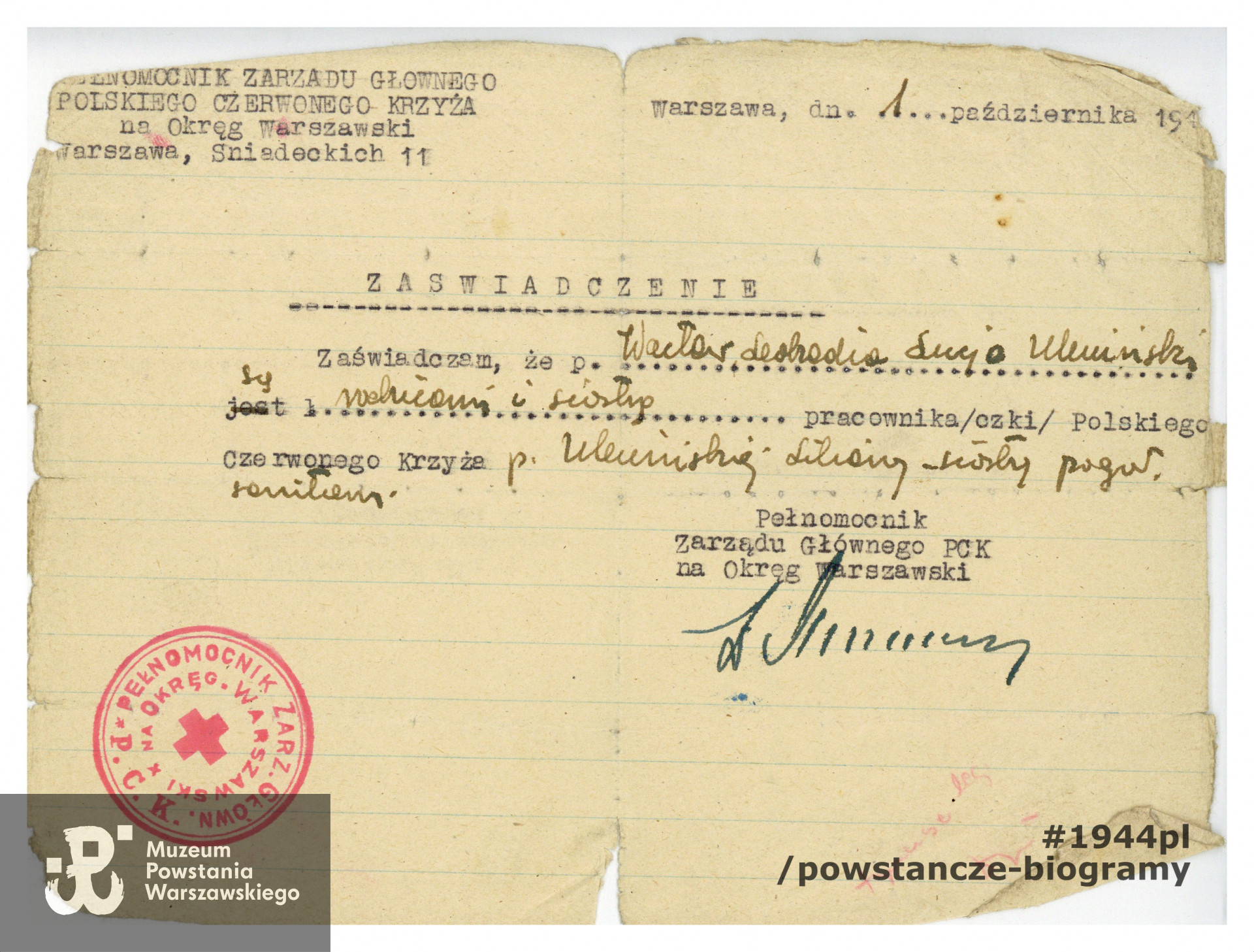 Zaświadczenie Polskiego Czerwonego Krzyża, lata 40-te XX w. (rok nieczytelny ze względu na uszkodzenie dokumentu.) Ze zbiorów Muzeum Powstania Warszawskiego, sygn. P/6246
