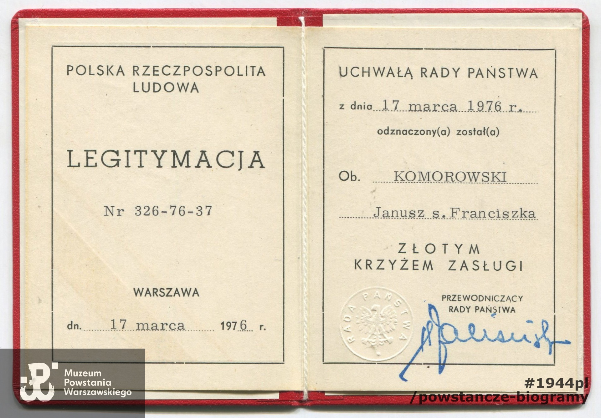 Legitymacja odznaczeniowa ze zbiorów p. Janusza Komorowskiego ps. „Antek”. Skan - materiały do Słownika Uczestników PW/Pokój Kombatanta MPW