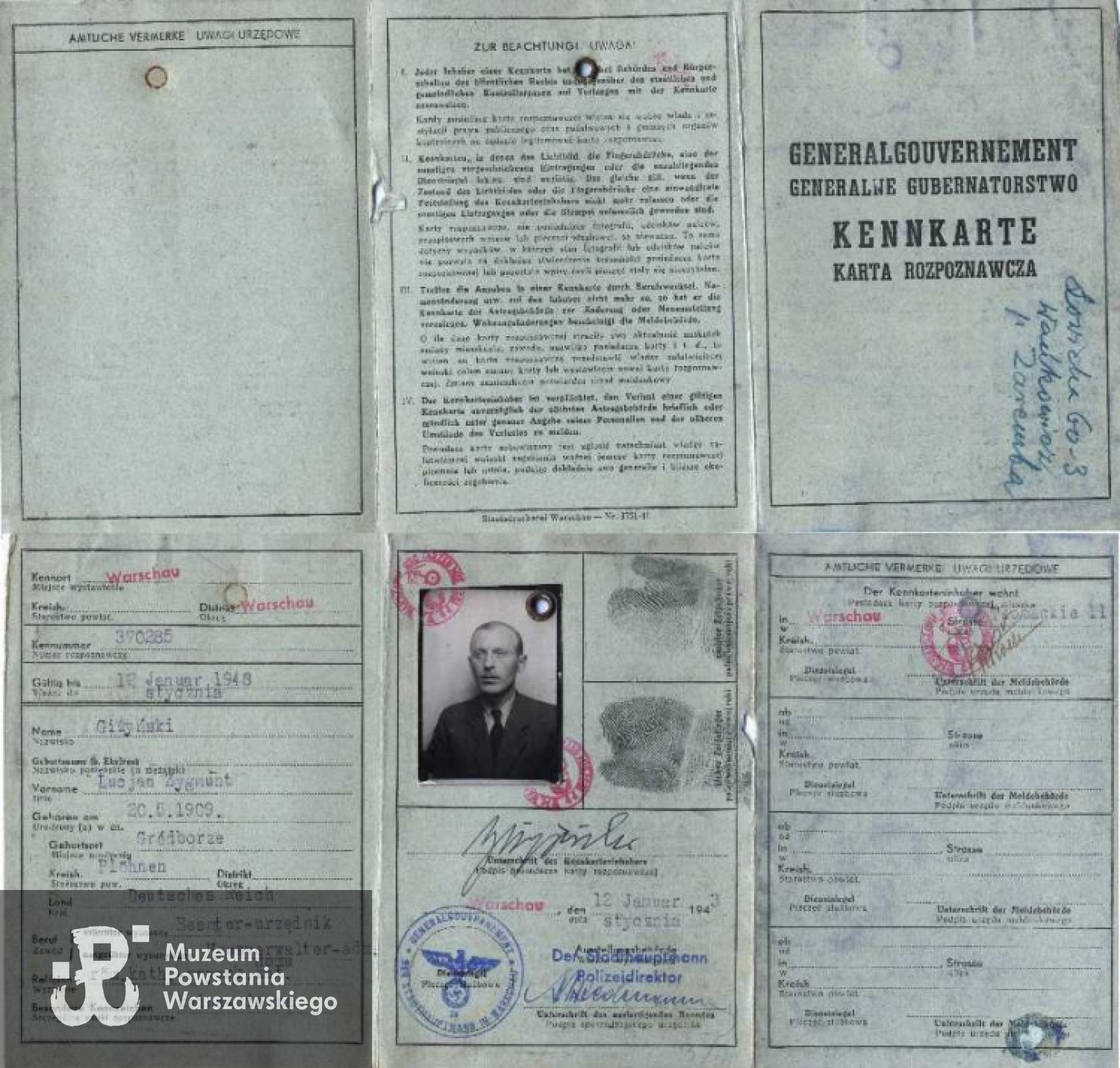 Kennkarte na prawdziwe nazwisko Lucjan Zygmunt Giżyński