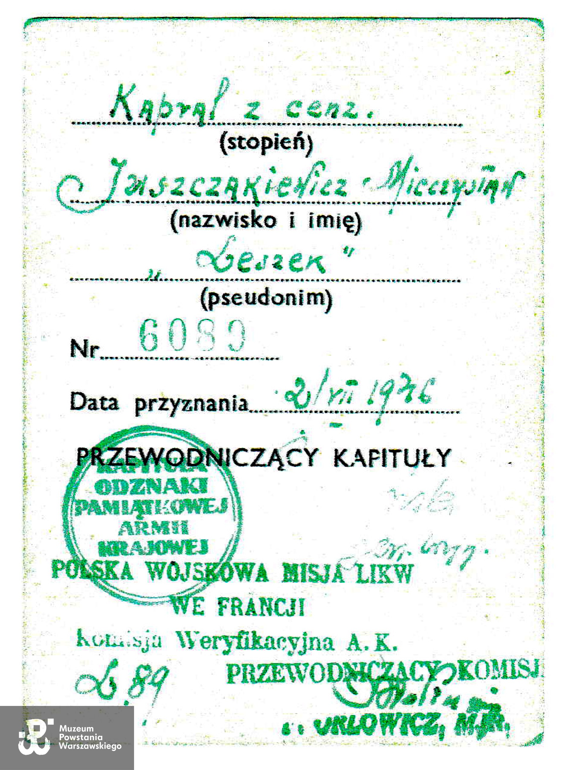 Legitymacja Odznaki Pamiątkowej AK, skan w imieniu Powstańca skan udostępniła p. Danuta Juszczakiewicz