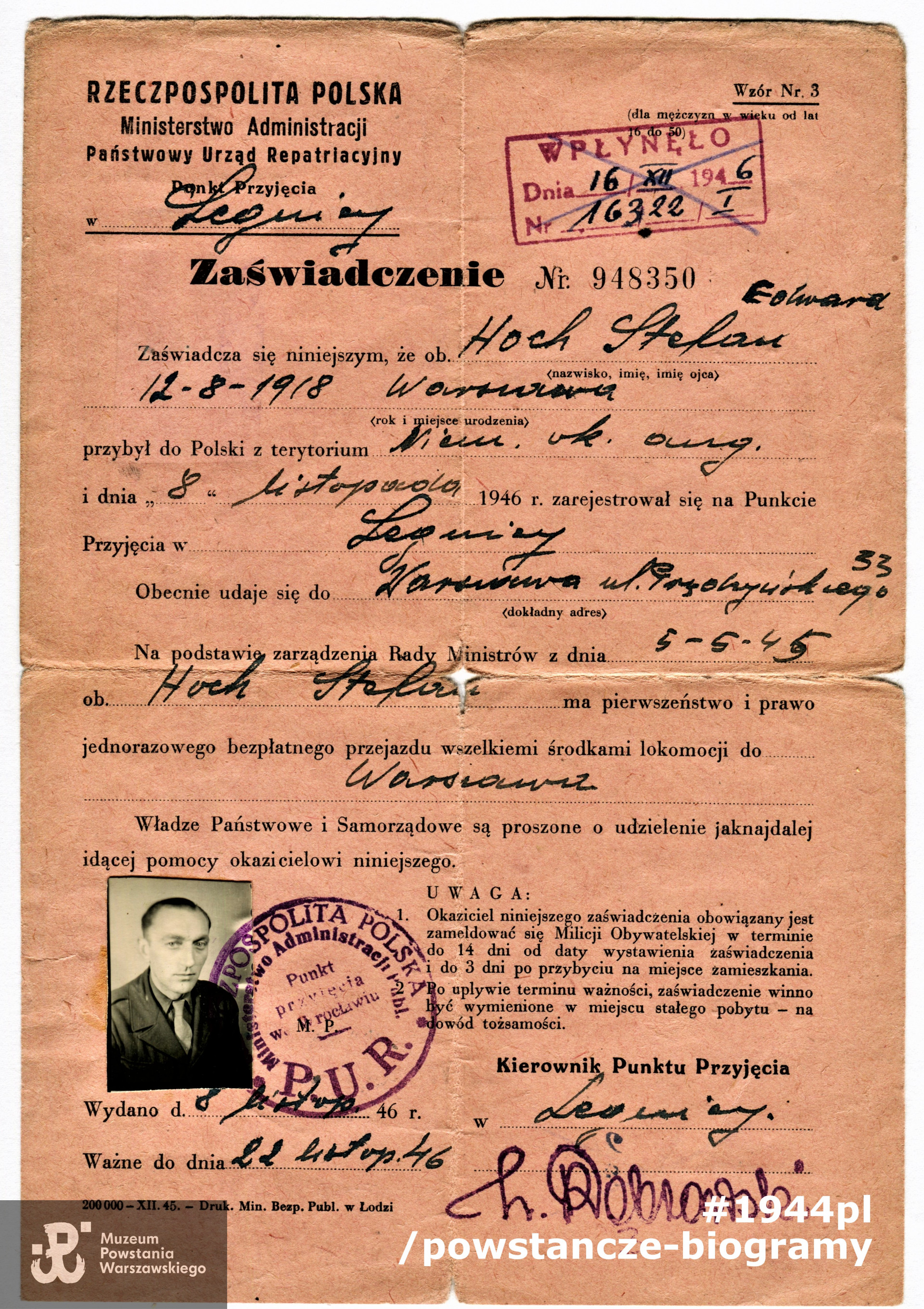 Zaświadczenie powrotne Państwowego Urzędu Repatriacyjnego.  Ze zbiorów rodzinnych