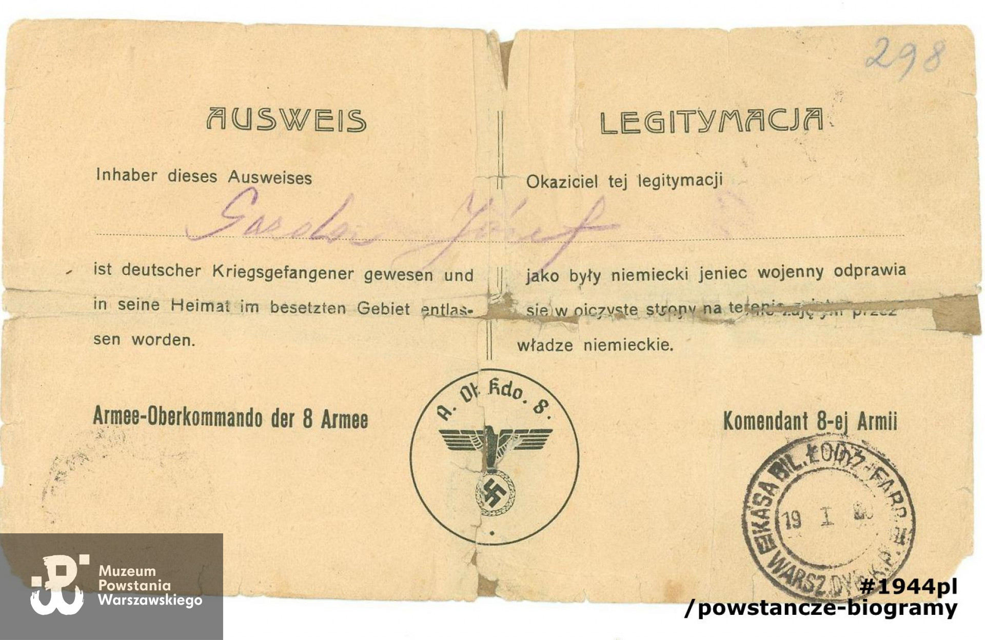 Ausweis. Ze zbiorów rodzinnych. Skan: materiały do Słownika Uczestników PW/Pokój Kombatanta