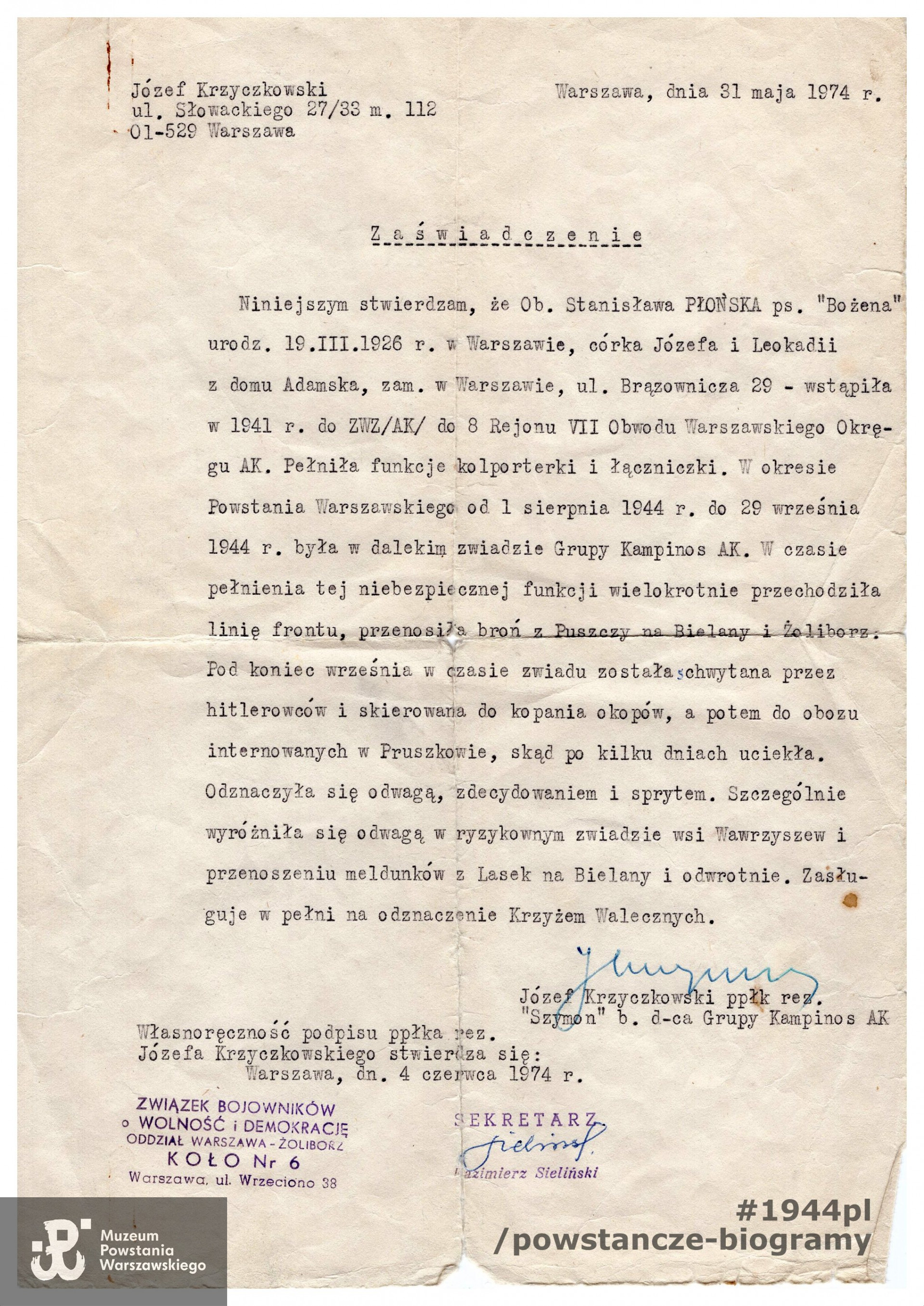 Oświadczenie świadka, ppłk Józefa Krzyczkowskiego ps. "Szymon" o pracy w konspiracji i walce w czasie powstania w "Grupie Kampinos". Ze zbiorów Muzeum Powstania Warszawskiego, sygn. MPW-A-6532 (P/6240/08).