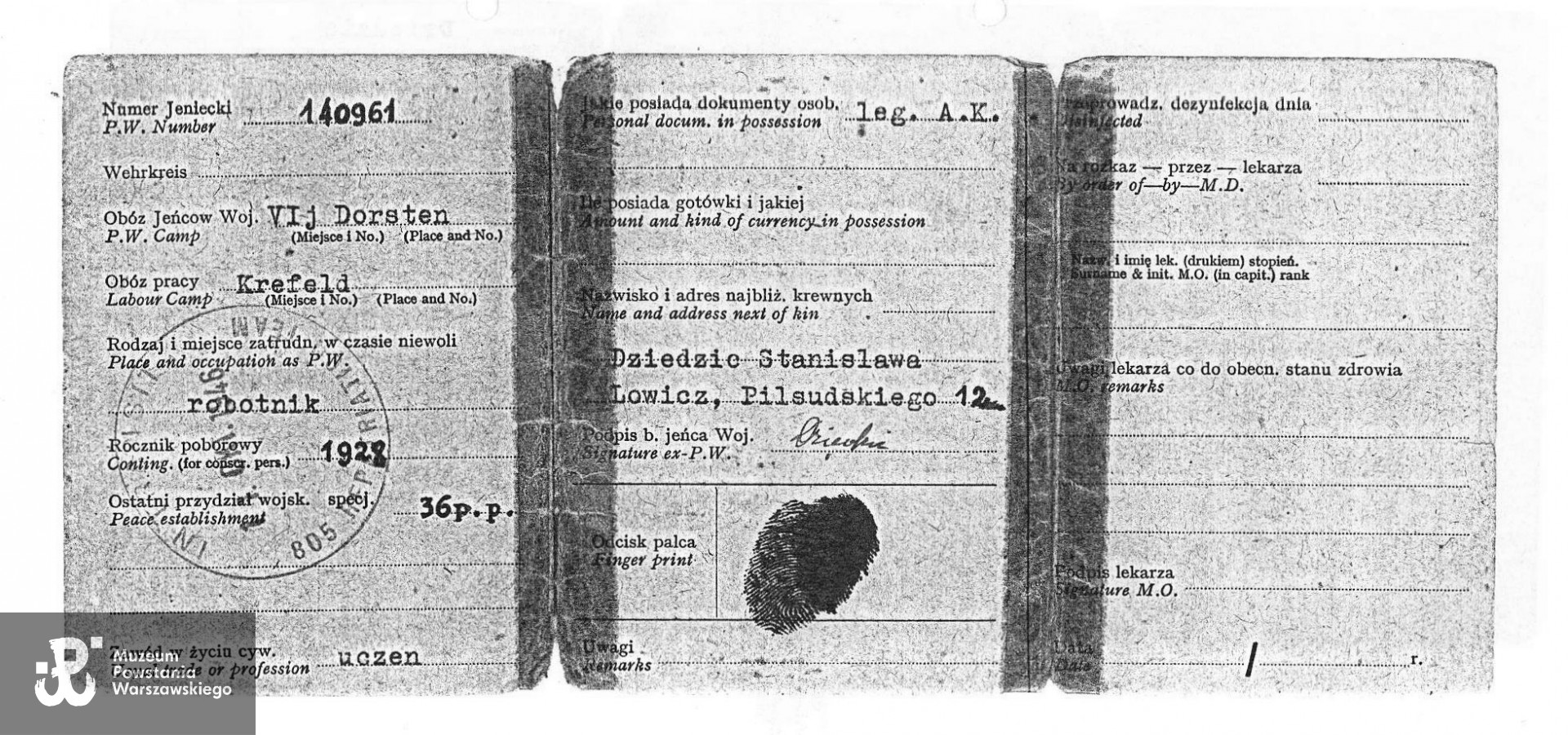 Legitymacja Byłego Jeńca Wojennego, skan z kserokopii, archiwum prywatne p. Aleksandra Dziedzica